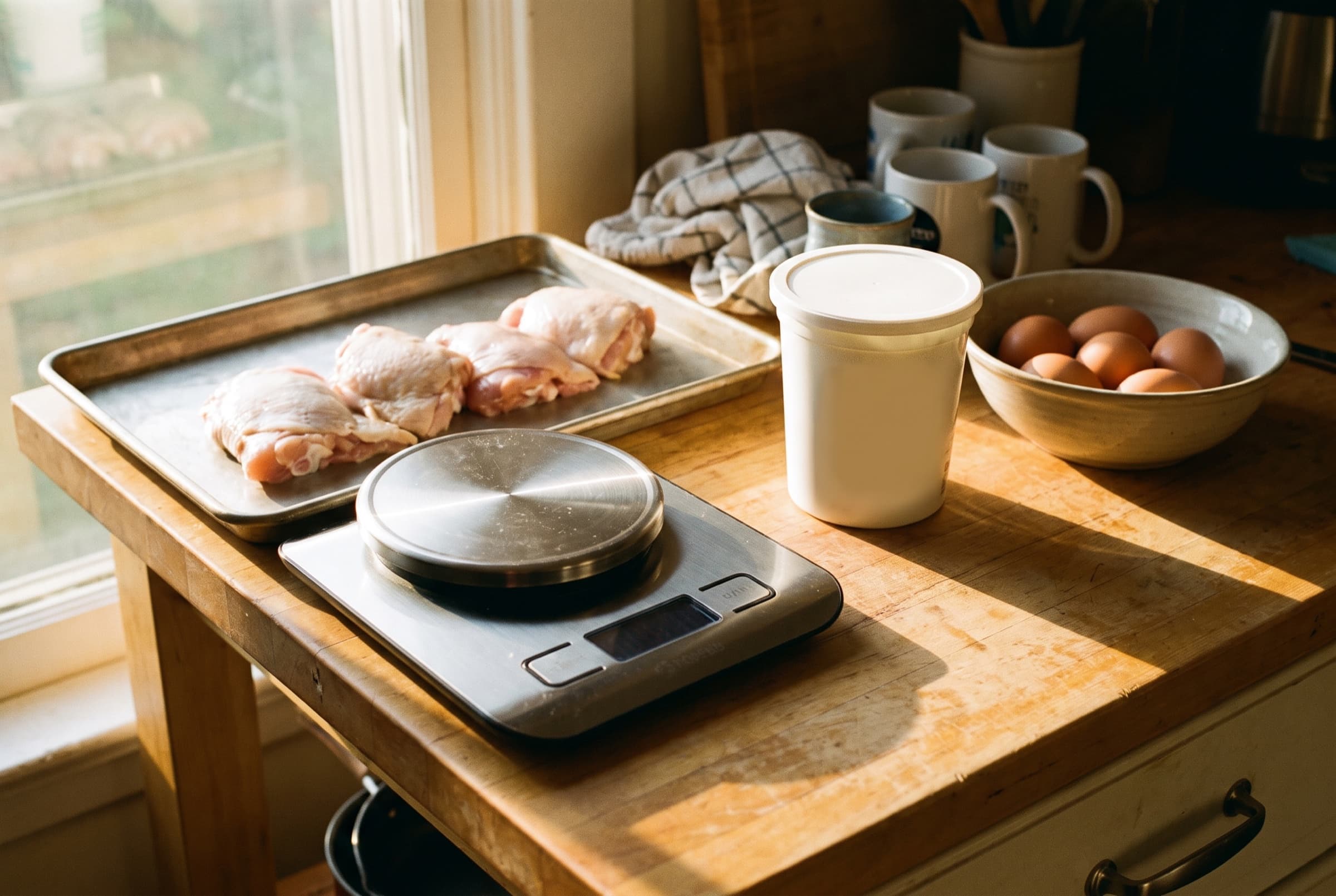 Steel food scale, chicken thighs on a sheet pan, yogurt, and eggs on a kitchen counter in morning light