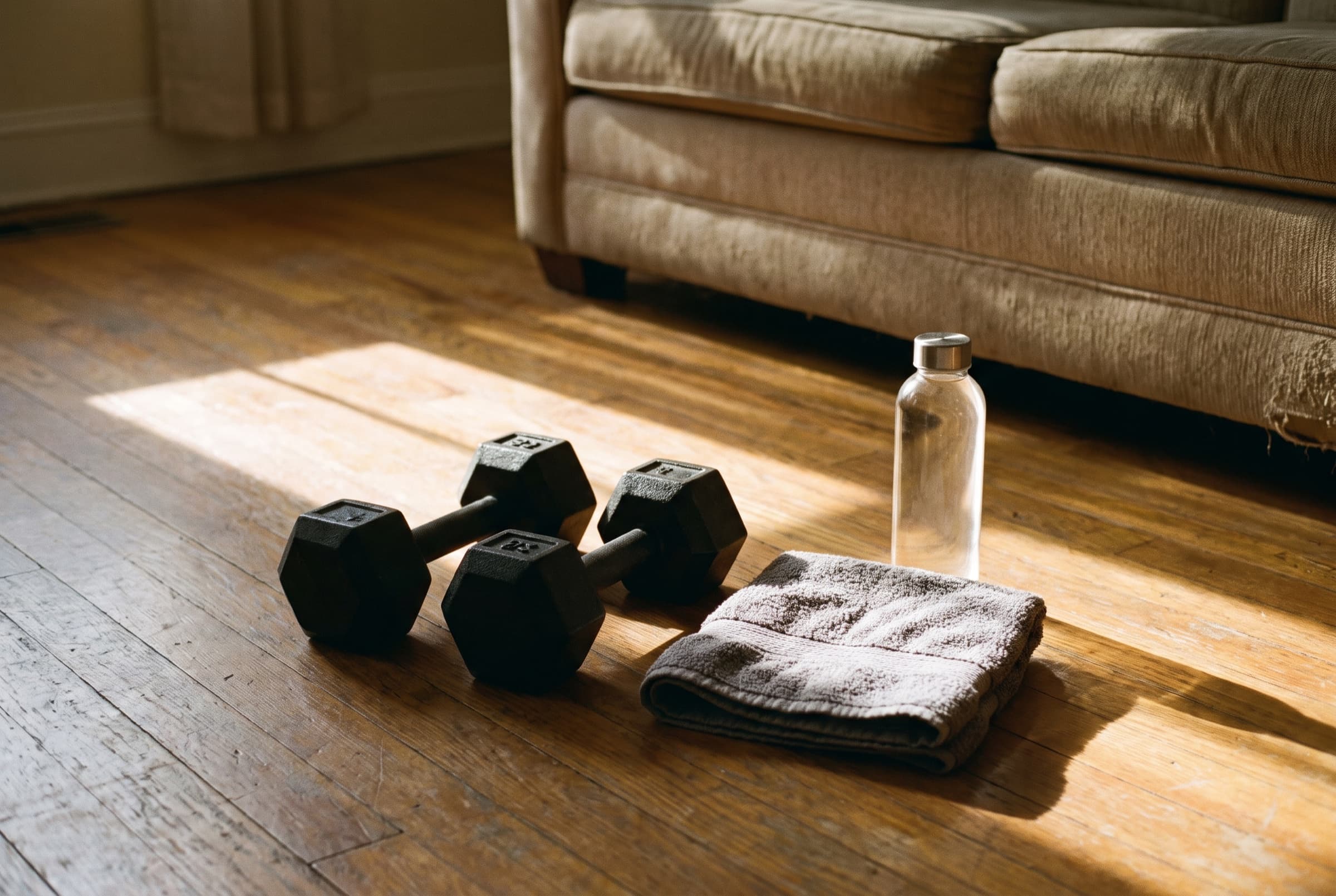 A pair of hex dumbbells beside a folded towel and water bottle on a wood floor, morning sun stripe
