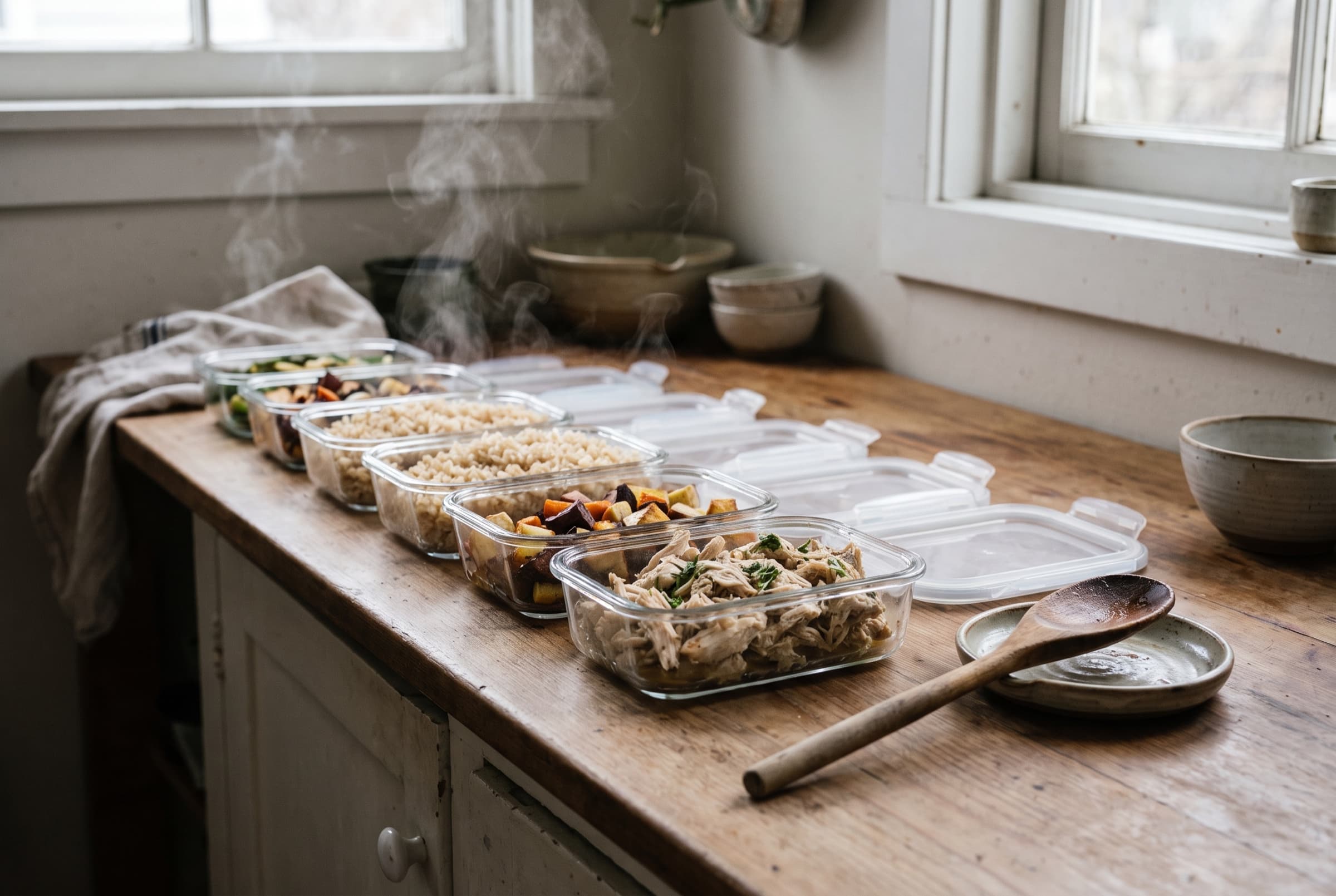 Meal-prep containers of chicken and rice on a counter in warm morning light