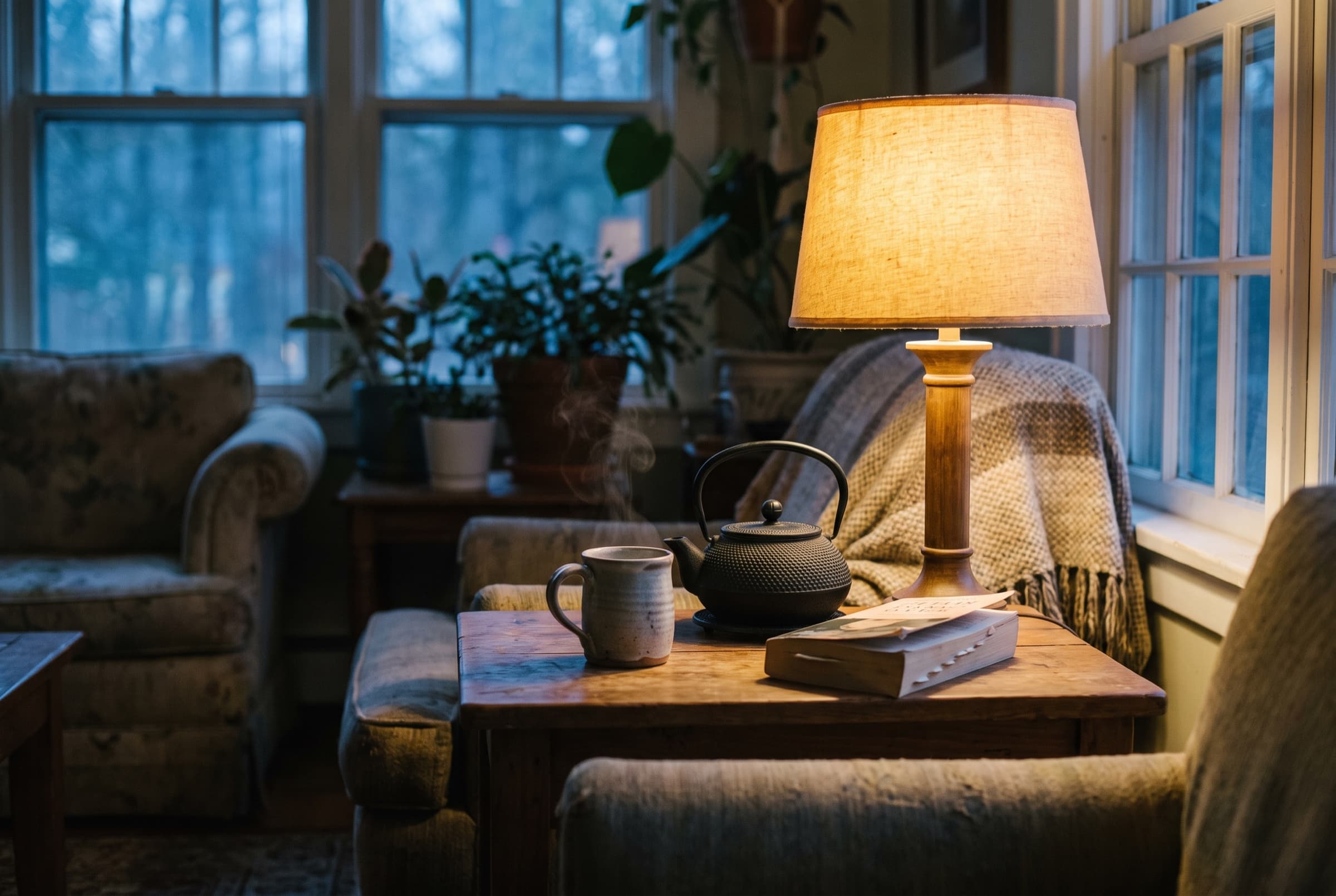 A kettle, steaming mug, and paperback on a side table at dusk, warm lamp against blue window light