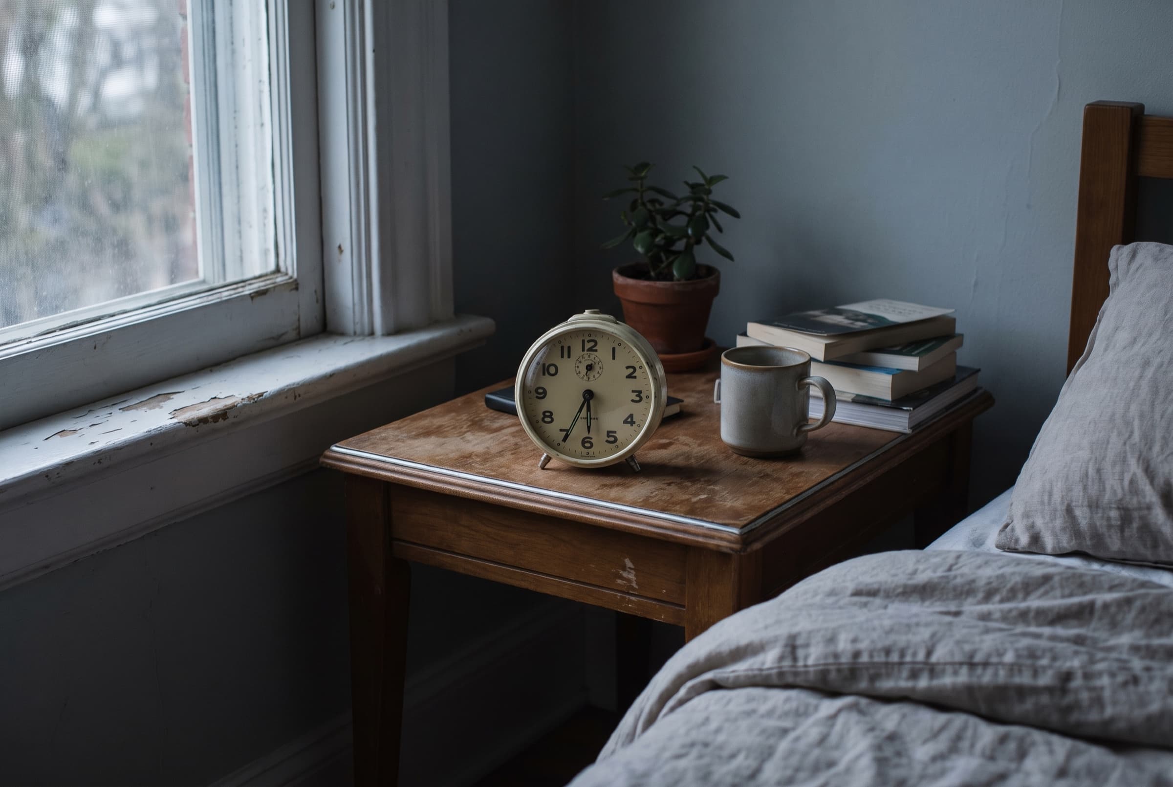 An analog alarm clock on a nightstand in low dusk light