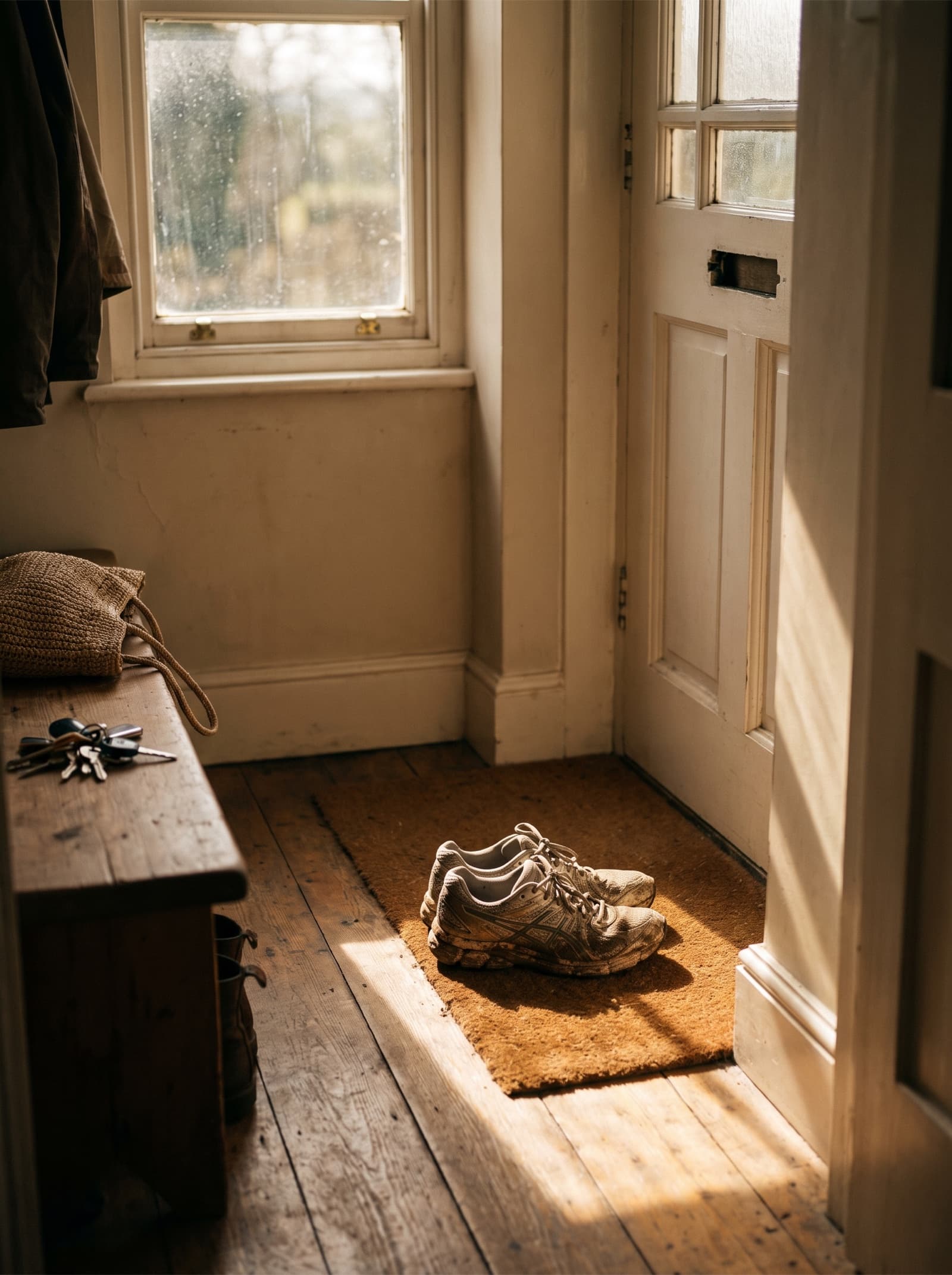 An open doorway at dawn, warm light spilling across the floor
