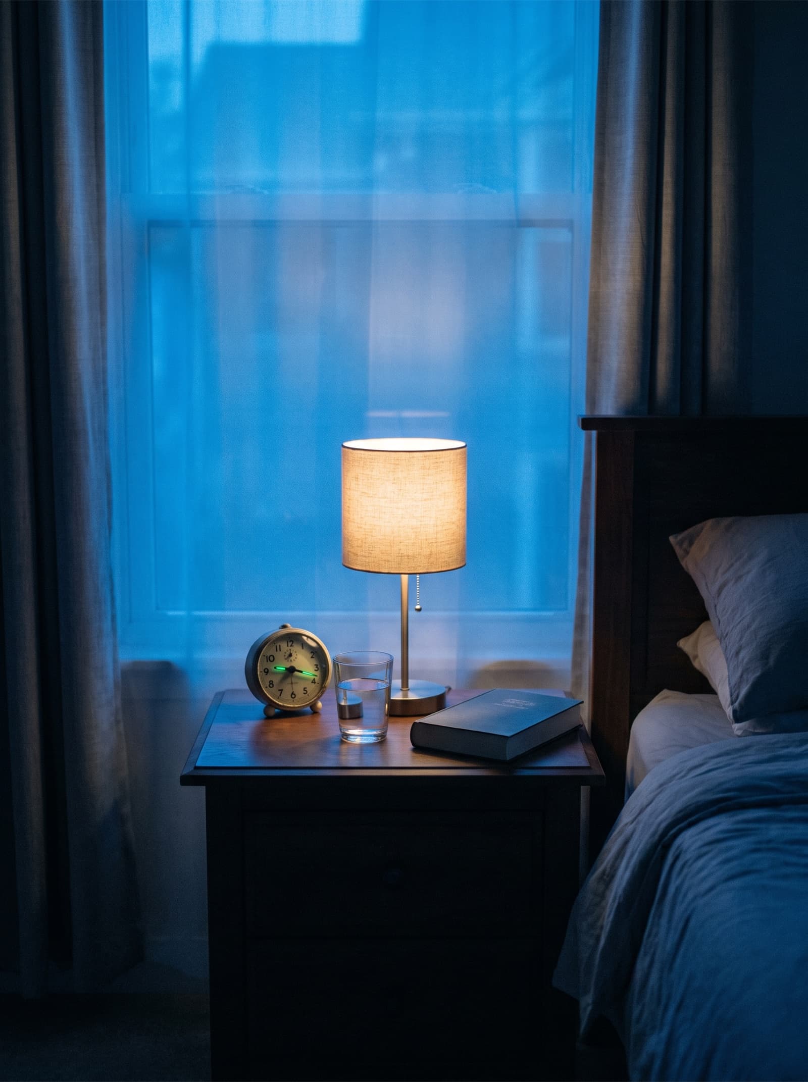 A dark nightstand at dusk, cool blue light with one warm lamp glow