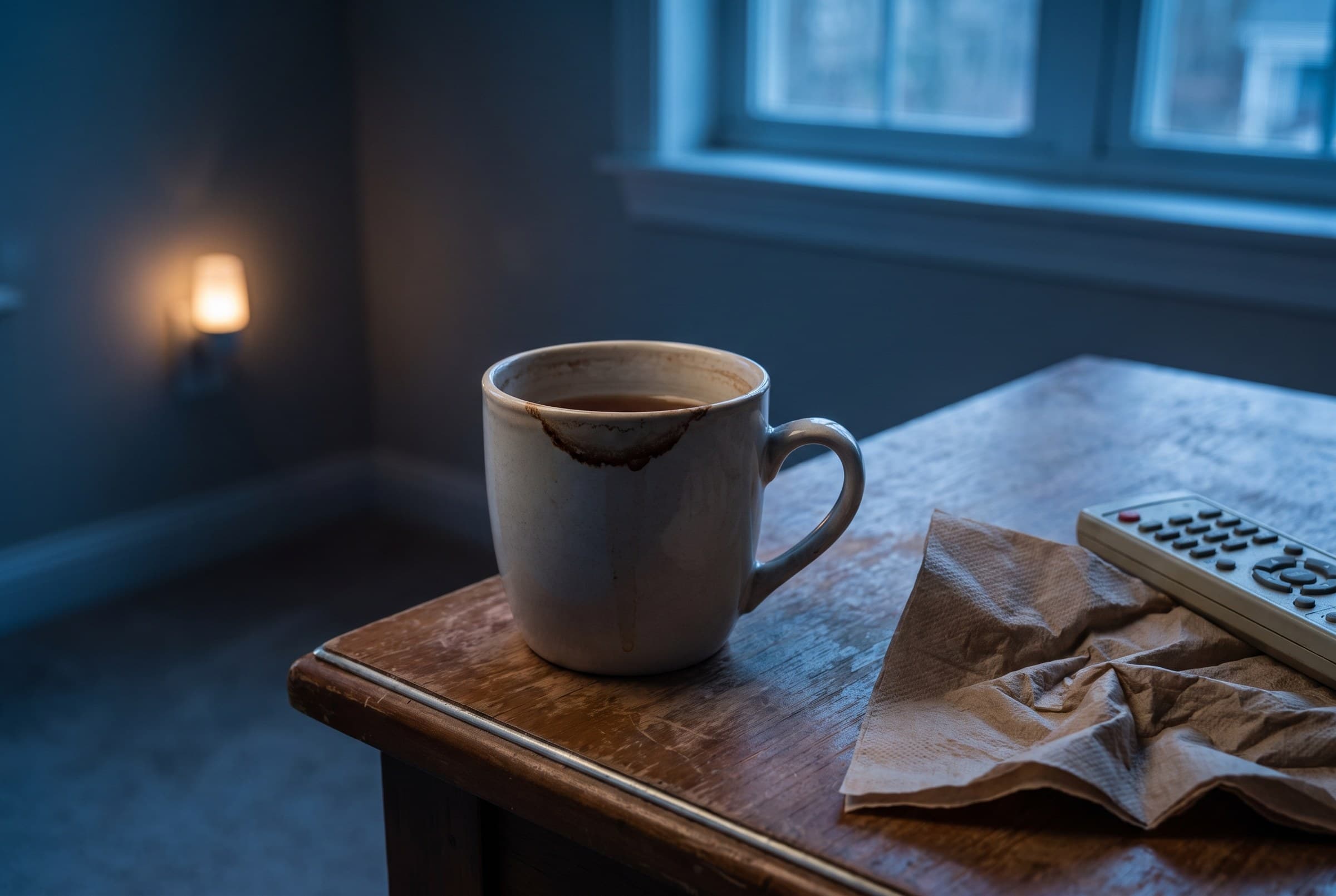A cold half-finished mug of tea with a dried drip down its side on a dark wooden side table, a crumpled napkin and a remote pushed to the edge