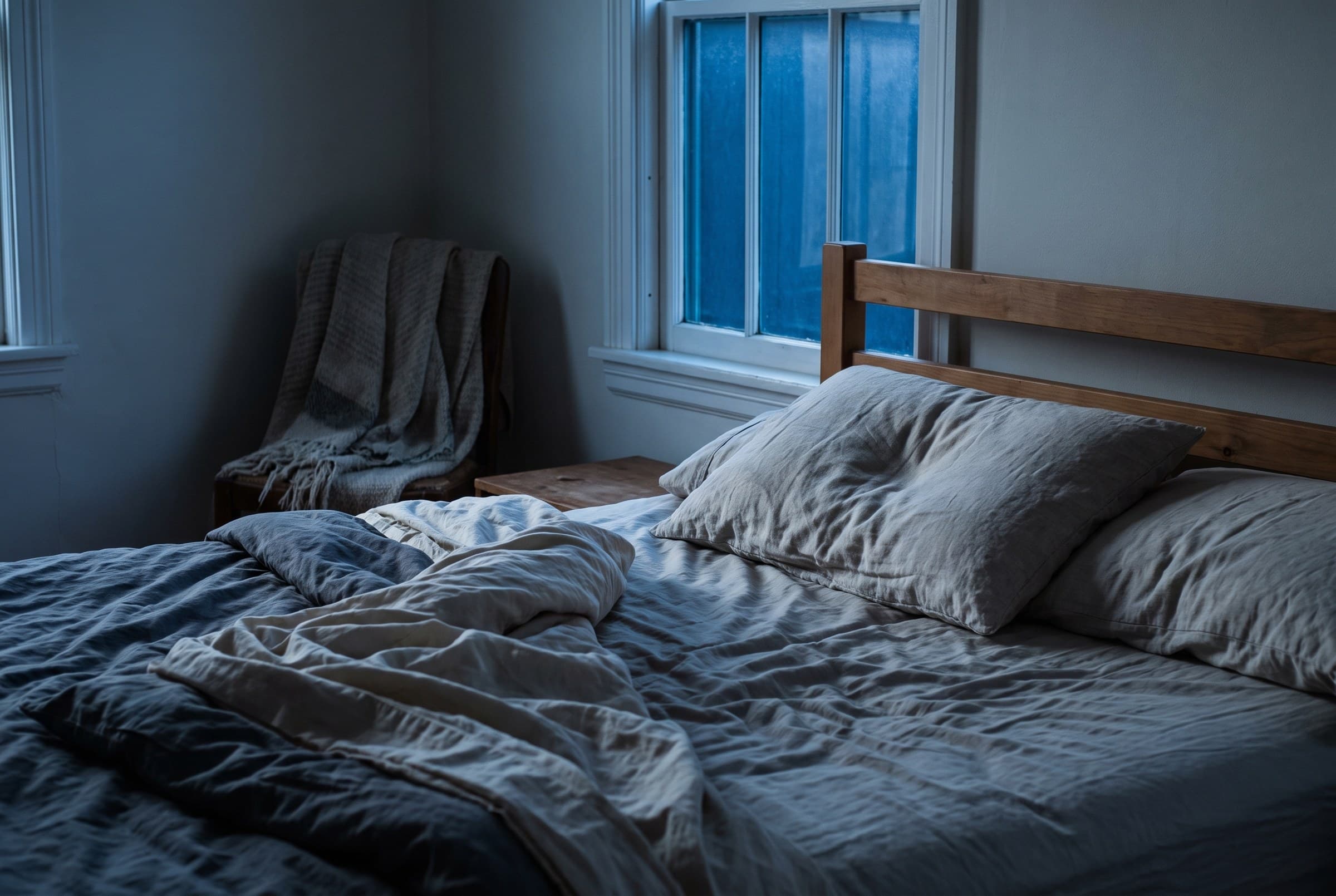 An unmade bed in blue dawn light, one pillow still holding the dent of a head, duvet pushed back across the mattress