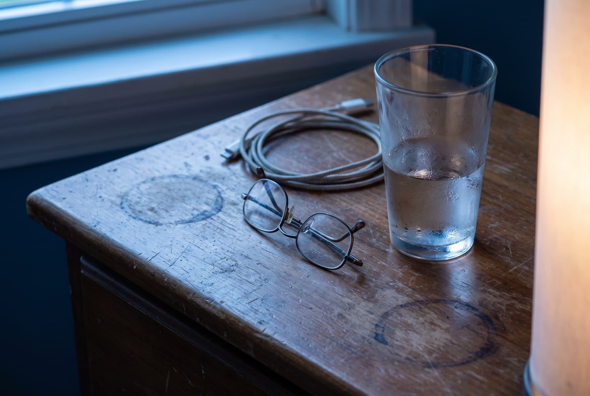 A half-drunk glass of water beading with condensation on a scratched wooden nightstand beside folded reading glasses and a coiled cable