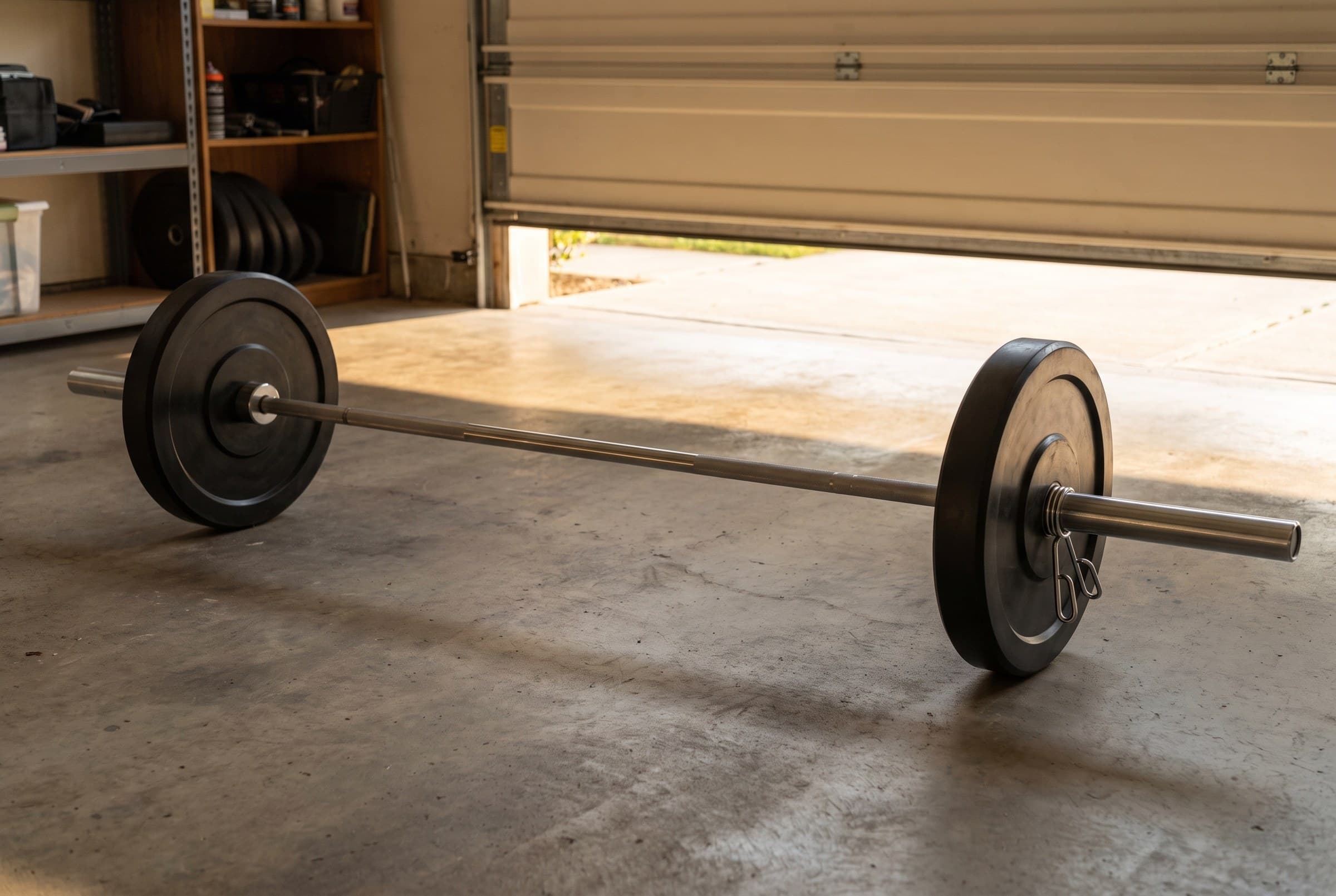 A loaded barbell on a swept concrete garage floor with matched plates on both ends, morning sun striping in from the open garage door