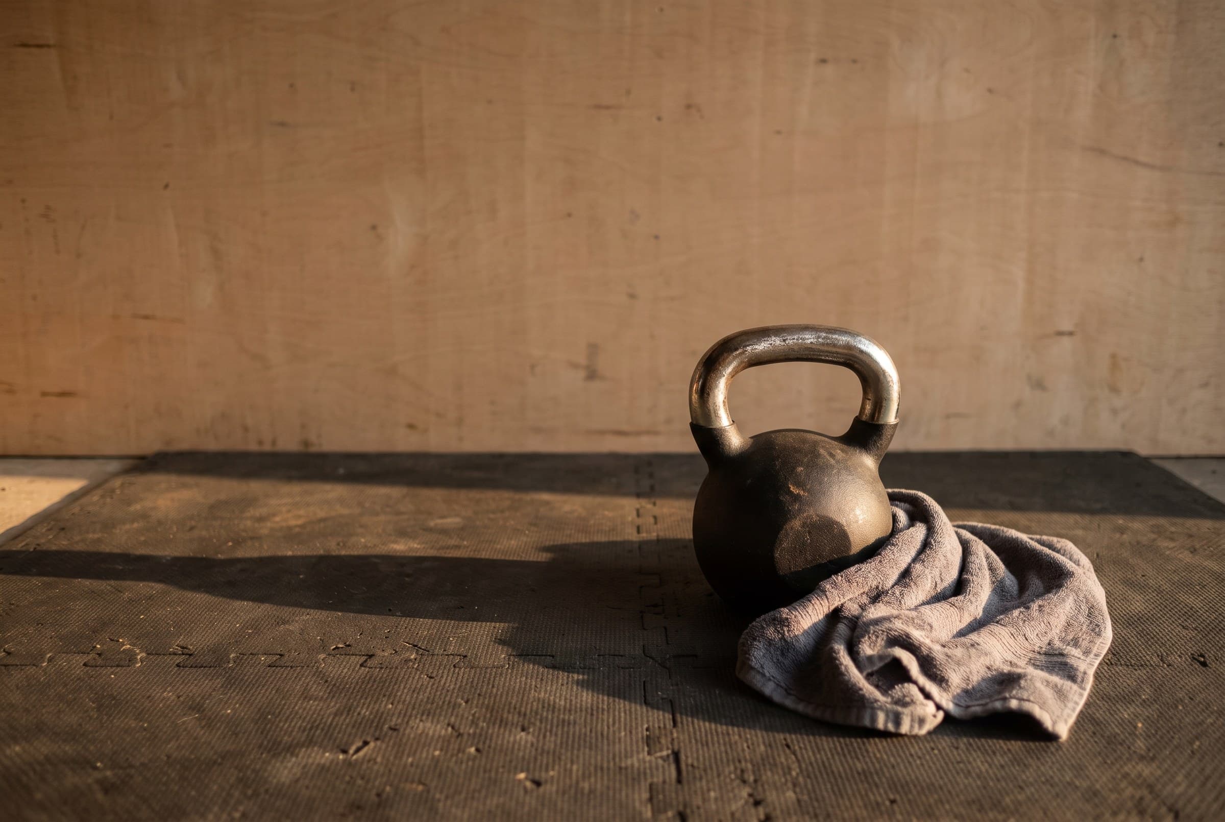 A cast-iron kettlebell set down on a worn rubber mat with a crumpled towel beside it, its shadow stretching long across the floor toward a bare plywood wall