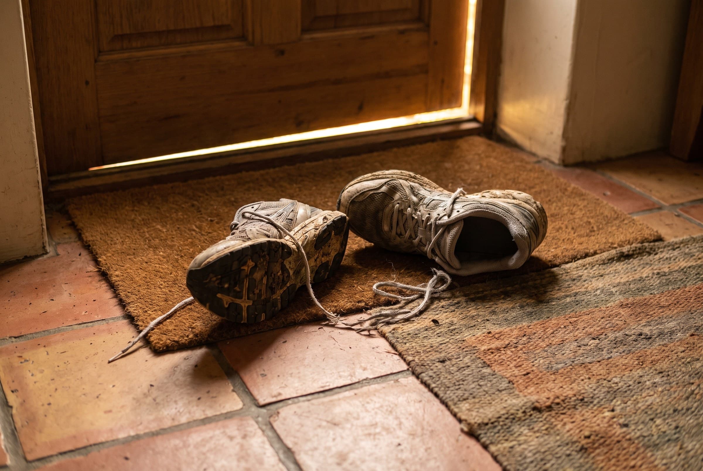 Two mud-caked running shoes dropped crooked on a coir mat by a back door, laces trailing across terracotta tile, morning light spilling under the door