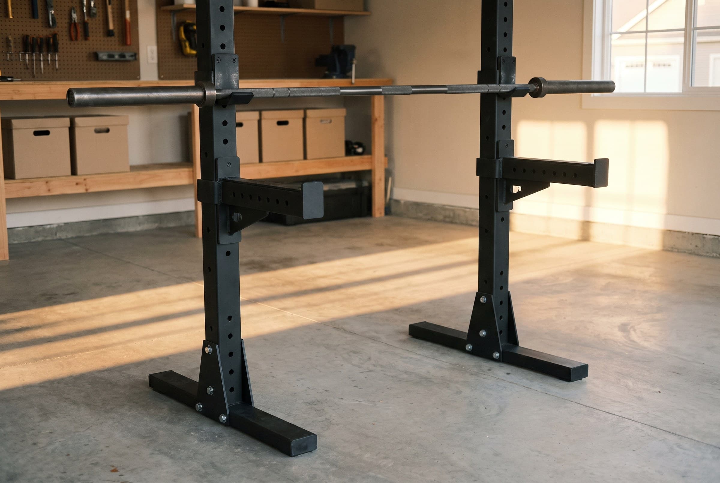 An upright steel squat rack in a clean home garage, an empty knurled barbell resting level in its J-hooks, morning light across the floor
