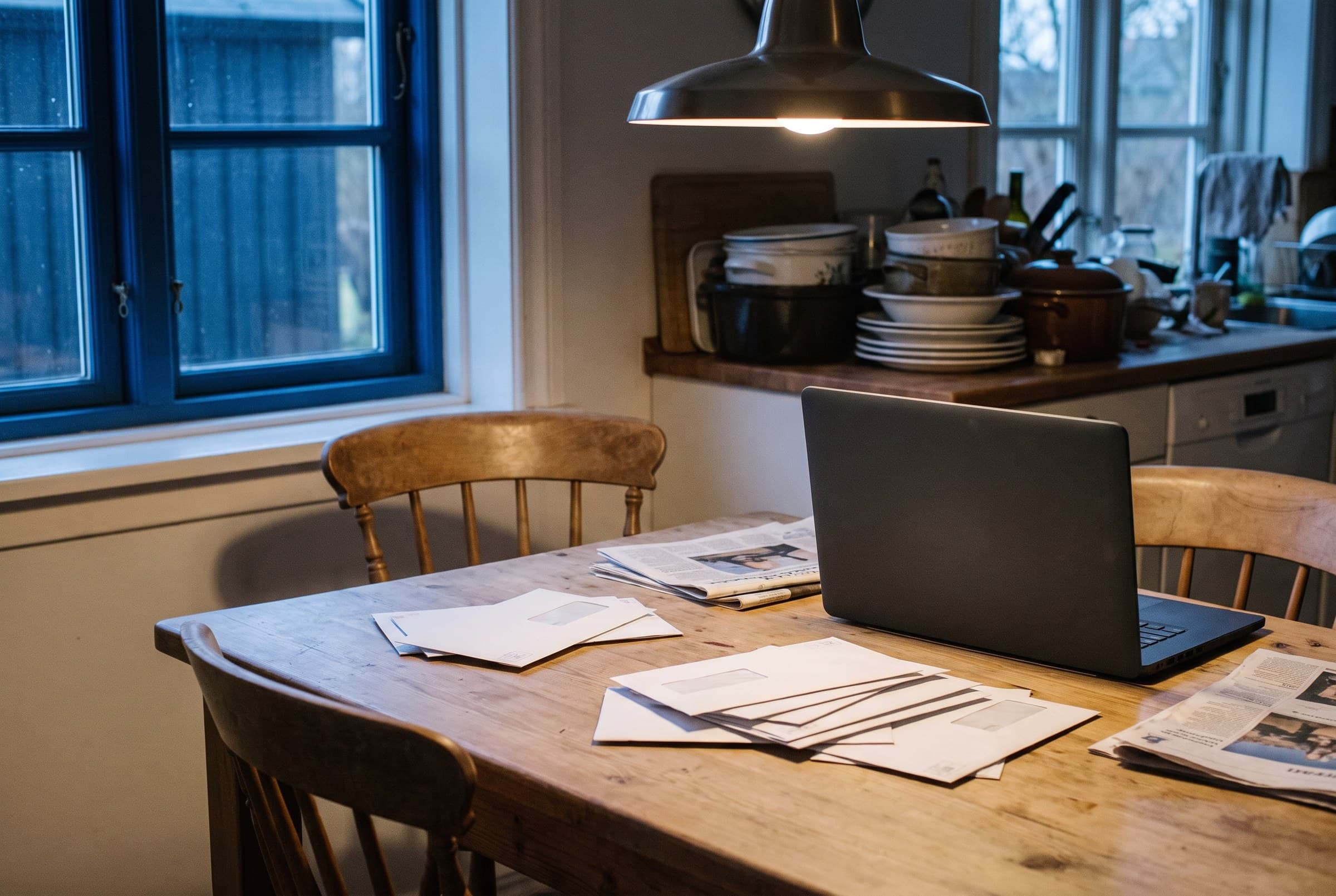 A kitchen table at dusk under a low pendant lamp, a plain grey laptop pushed aside among scattered post and folded newspaper, a chair left pulled out