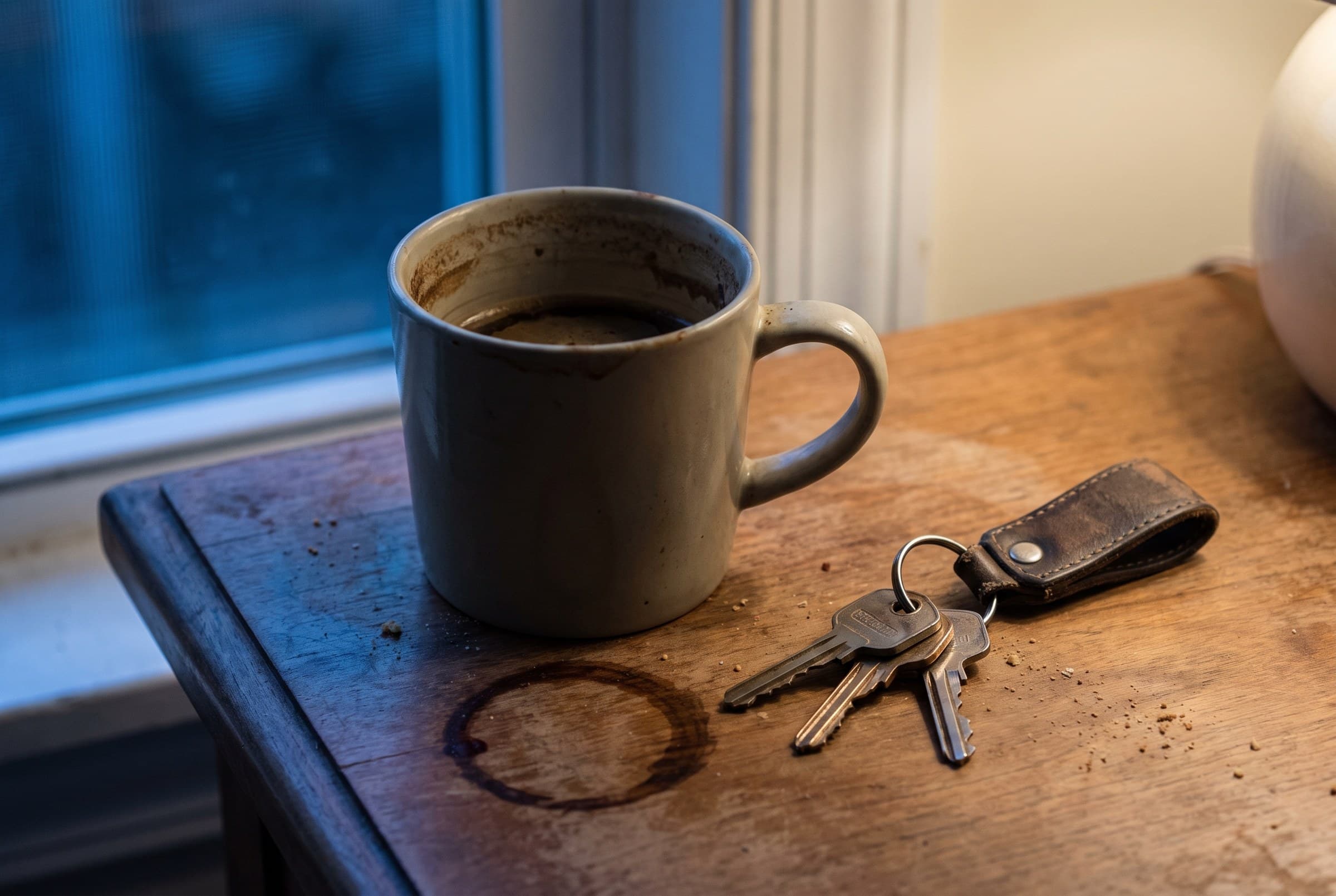 A stoneware mug of cold coffee gone dull and skinned, a dark ring stain dried on the wood beside it and a set of car keys on a leather fob