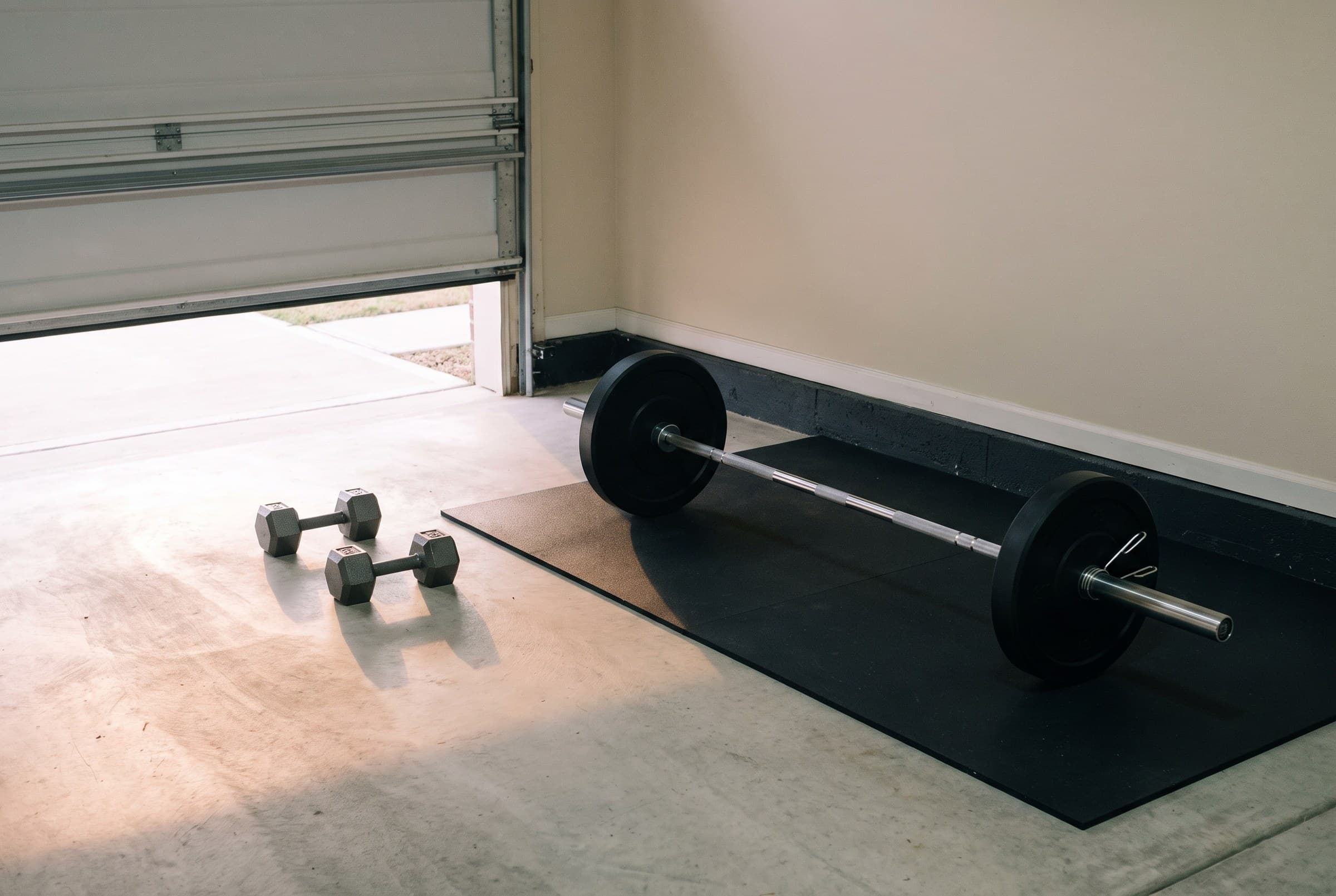 A barbell loaded with matched plates resting on a rubber mat in a garage, a matched pair of dumbbells beside it and pale dawn light spilling under the roll-up door