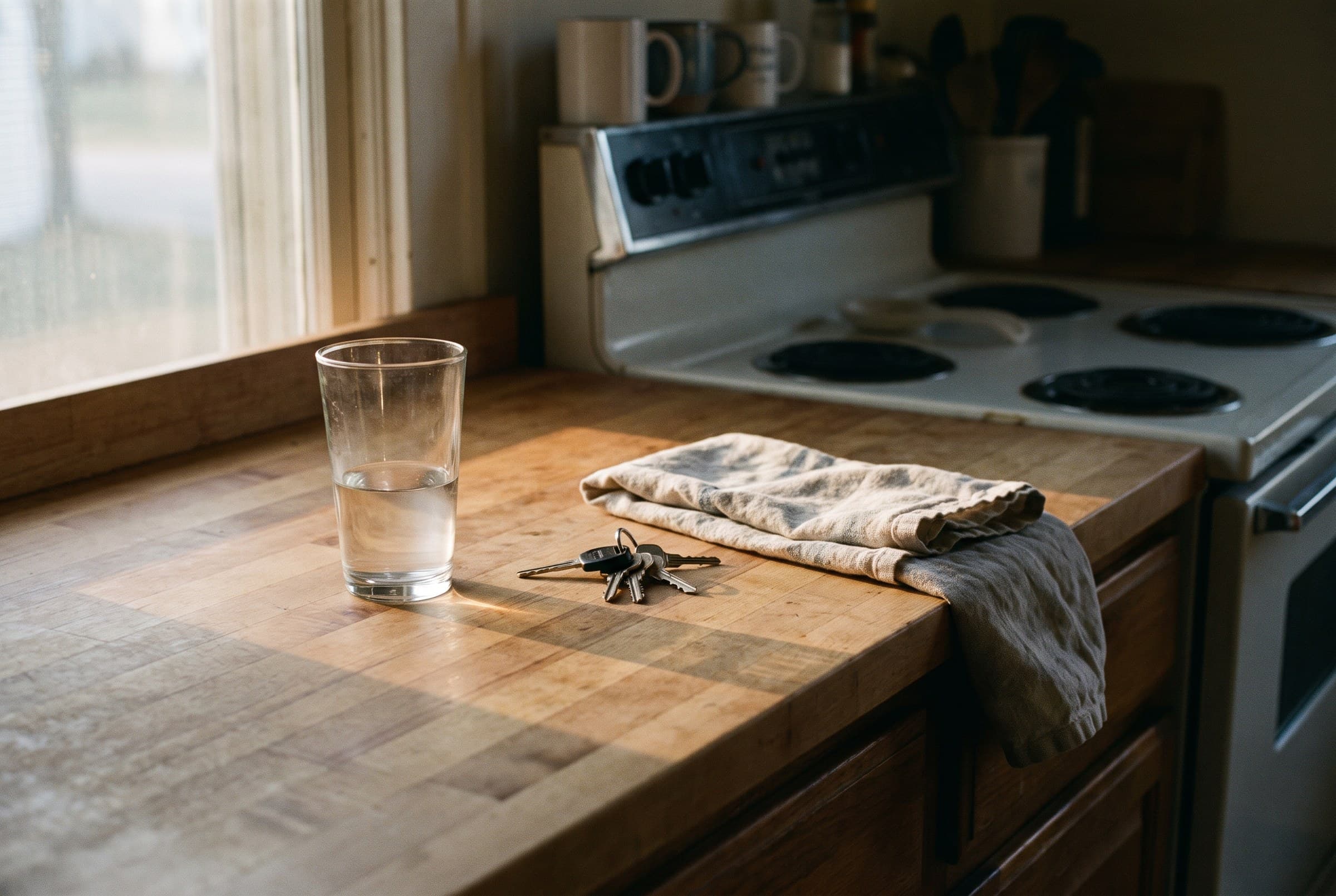 A single glass of water on a worn butcher-block counter beside a set of car keys and a folded dish towel, early light coming flat through the window
