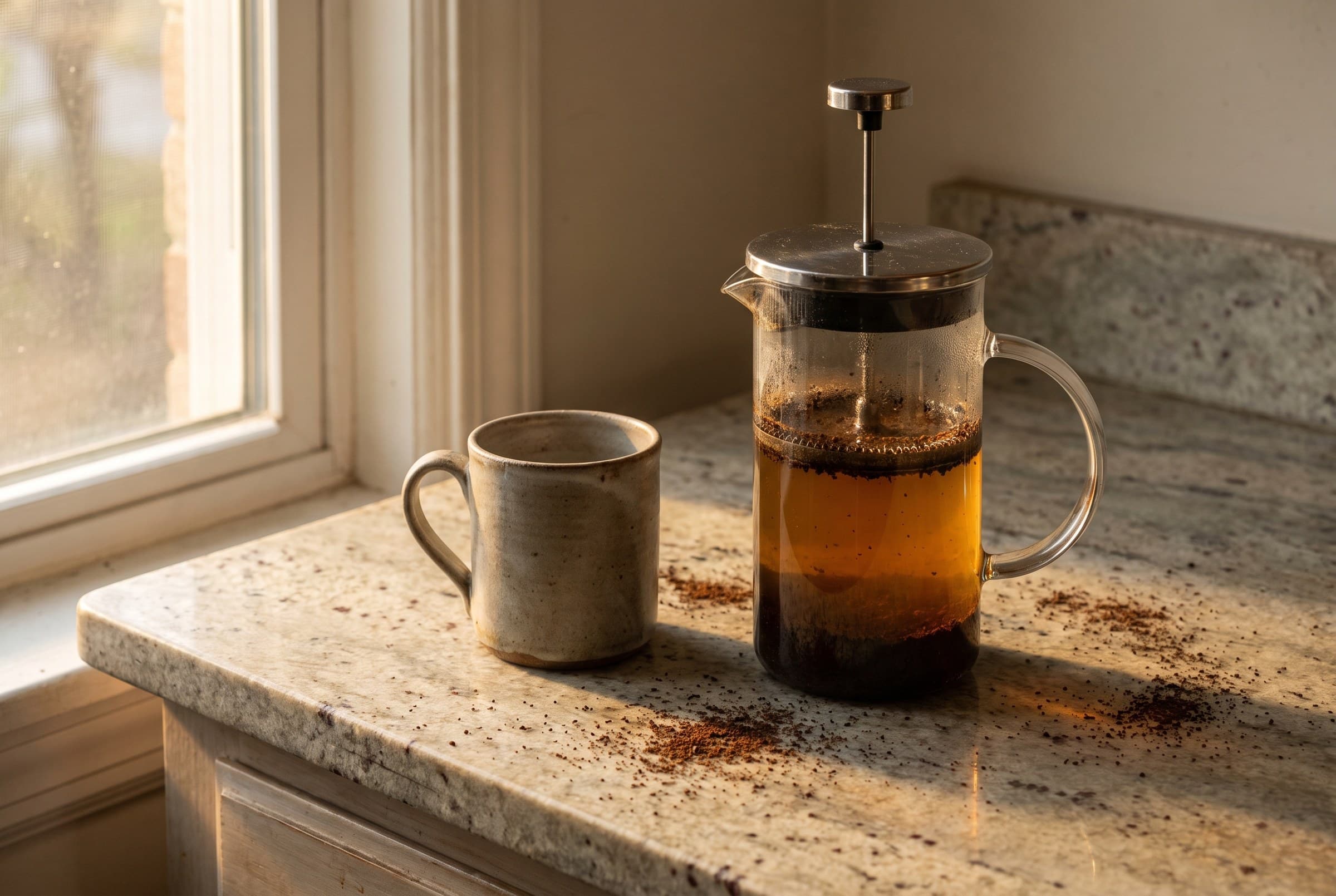 A glass French press of black coffee with its plunger still raised, an empty stoneware mug beside it and dry grounds scattered across a stone counter in low window light