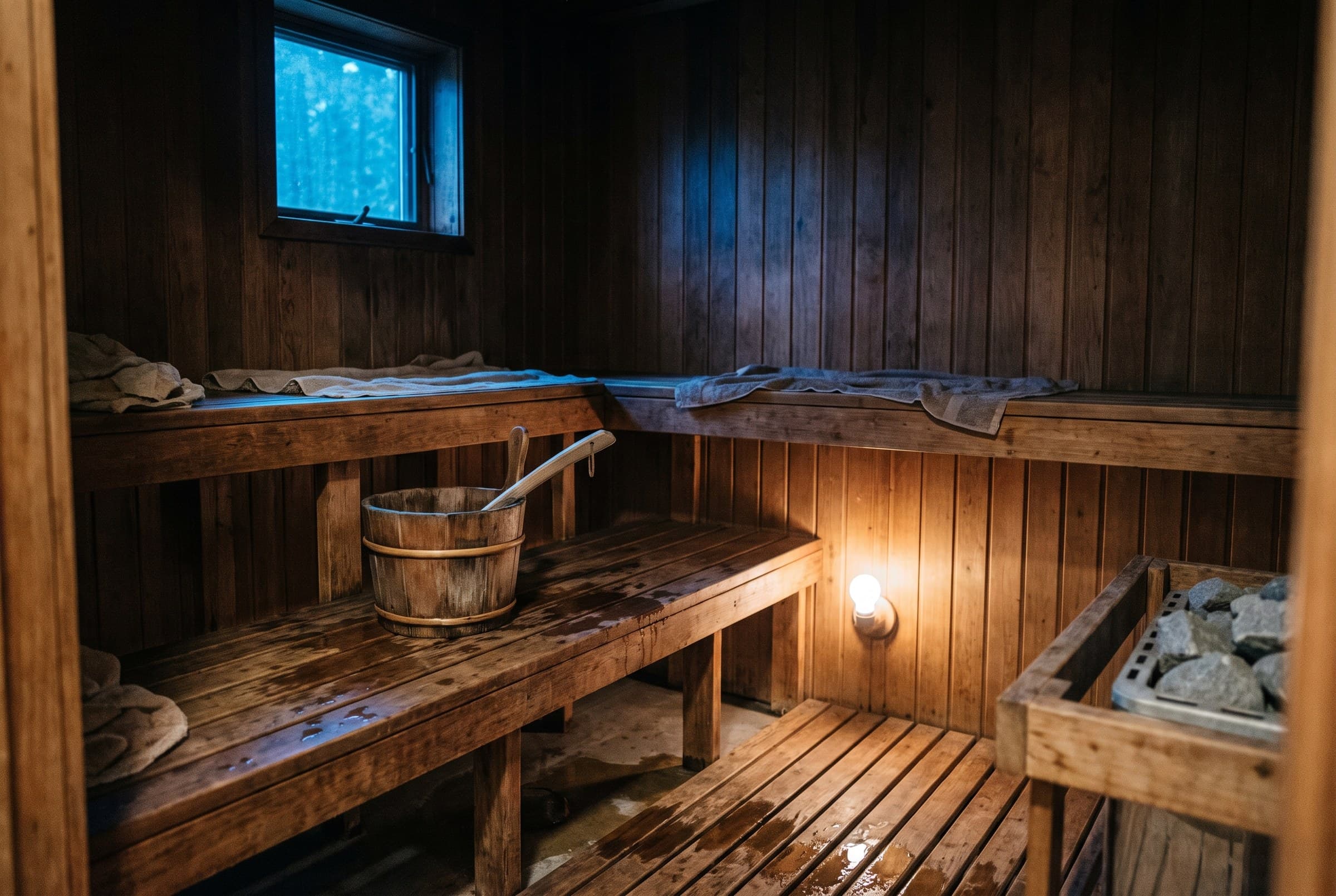 A wooden bucket and long ladle on the darkened cedar bench of a small home sauna, water pooled on the slatted floor, blue light in the high window and one warm bulb on the wall