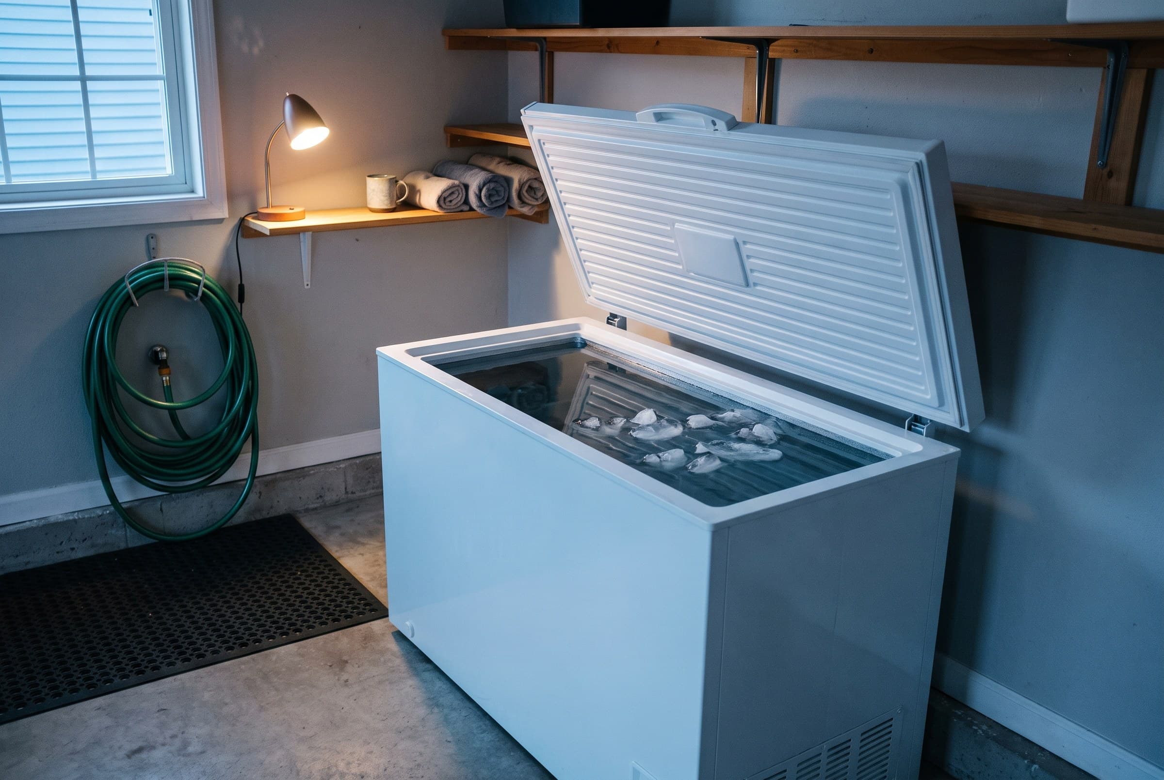 A chest-freezer cold plunge in a tidy garage, its lid propped open over clear water with ice floating, a coiled hose on the wall and a rubber mat on swept concrete