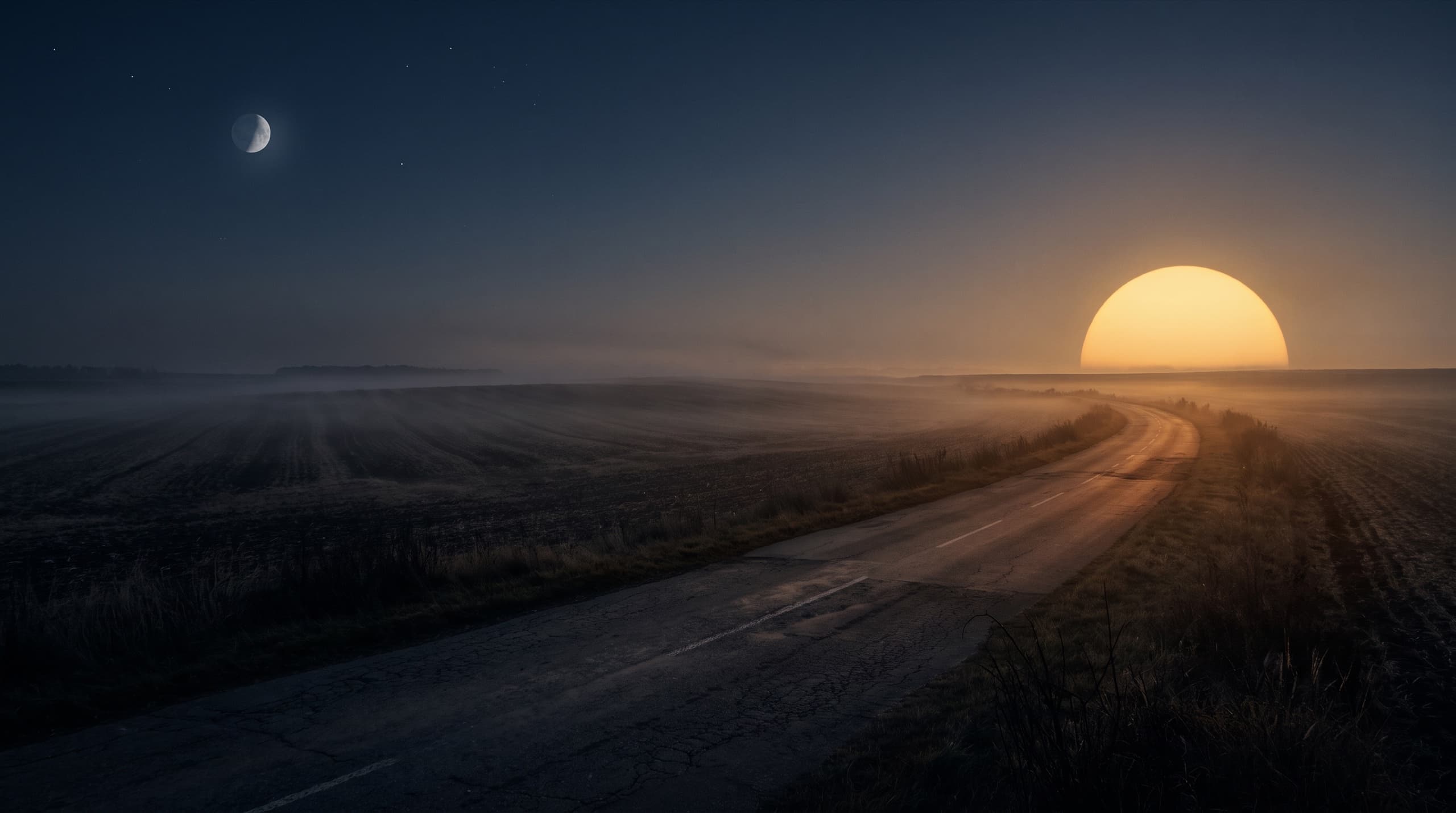 An empty road at dawn under a low sun