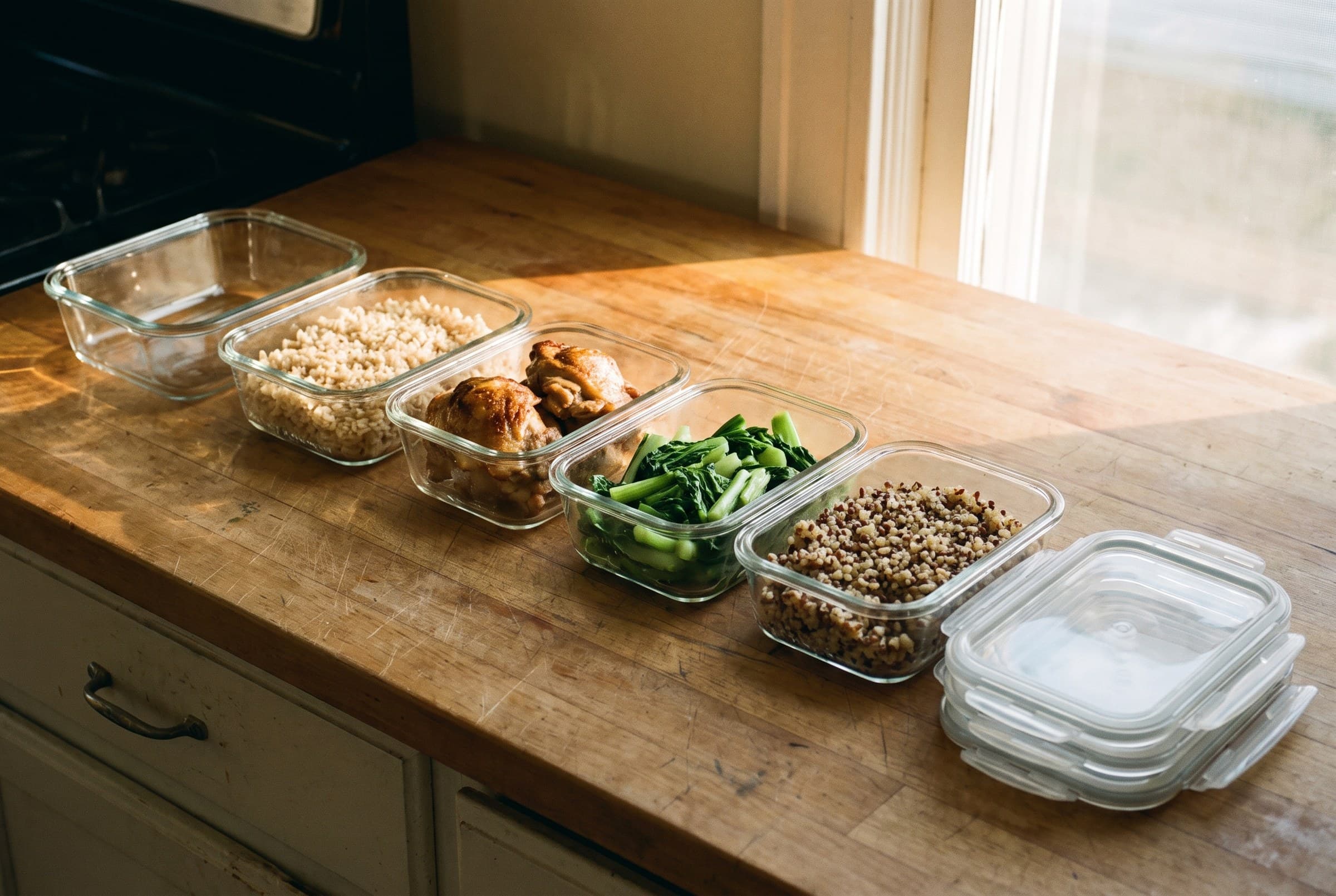 A row of unmarked glass containers on a scarred wooden counter holding rice, roasted chicken and greens, lids stacked at the end and one container still empty, morning light across the wood