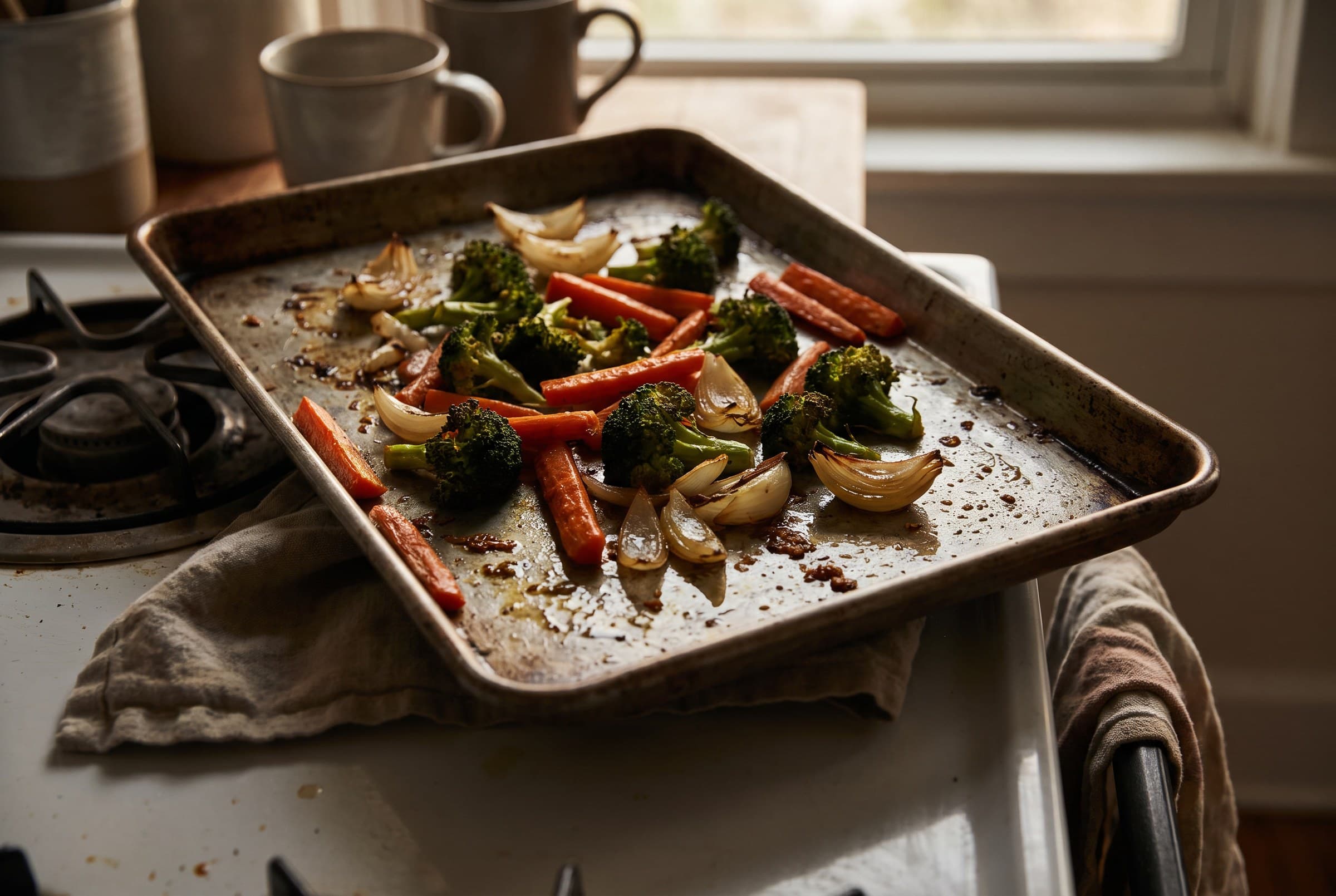 Broccoli, carrot batons and onion with dark caramelised edges cooling on a battered sheet pan set over a folded tea towel on an old stovetop