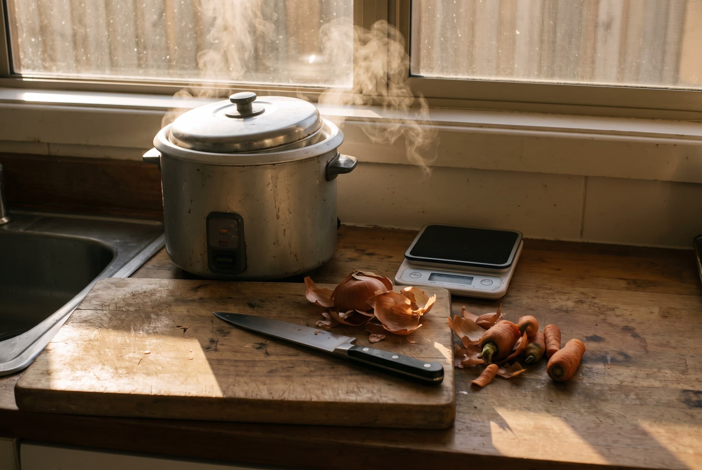 Steam rising from a battered rice cooker beside a scarred cutting board with a chef's knife, onion skins and carrot ends, and a small kitchen scale with a blank display