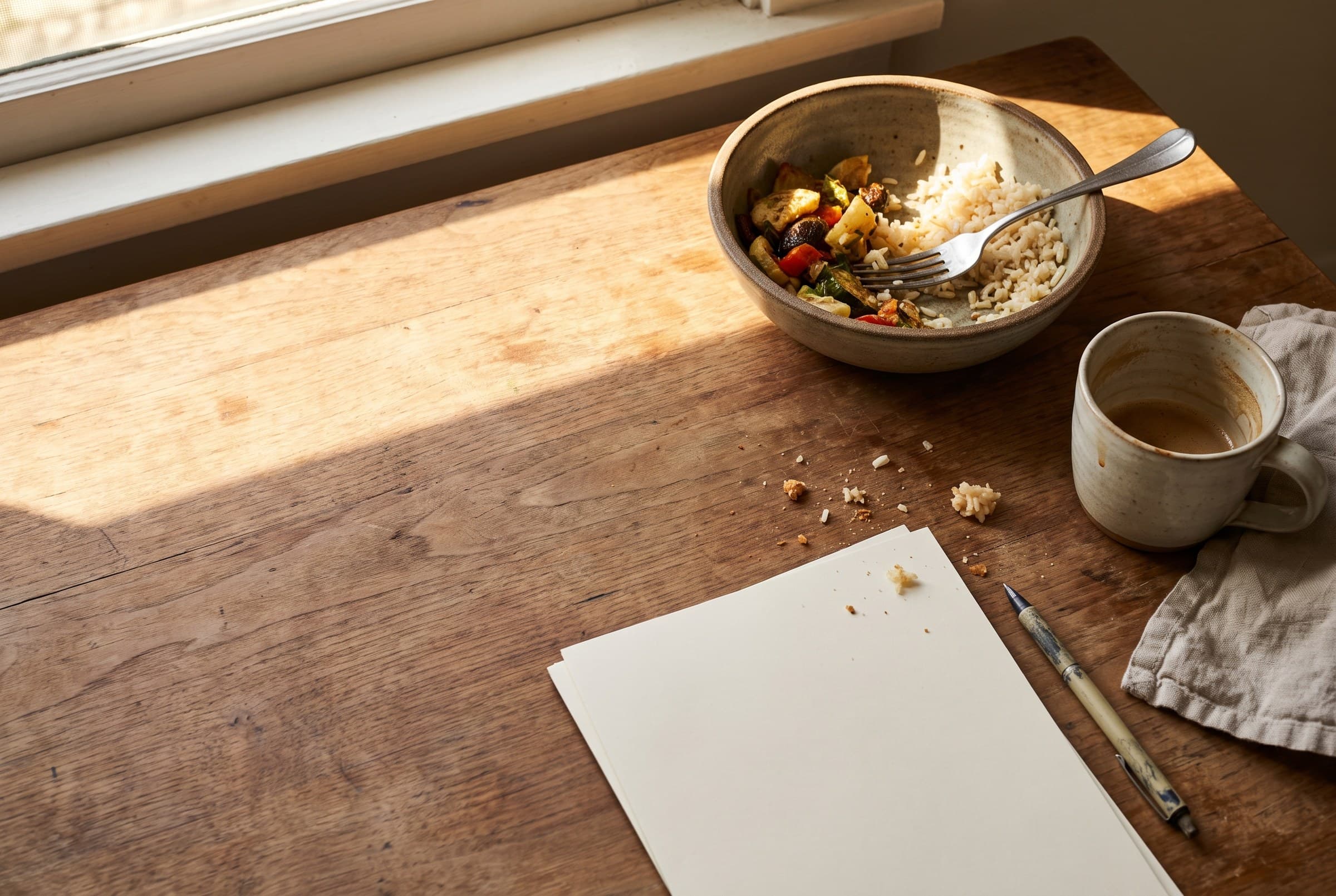 A half-eaten rice and vegetable bowl with a fork laid across it pushed to the corner of a wooden desk, a used mug and blank paper nearby, crumbs and a long stripe of low sun across the wood