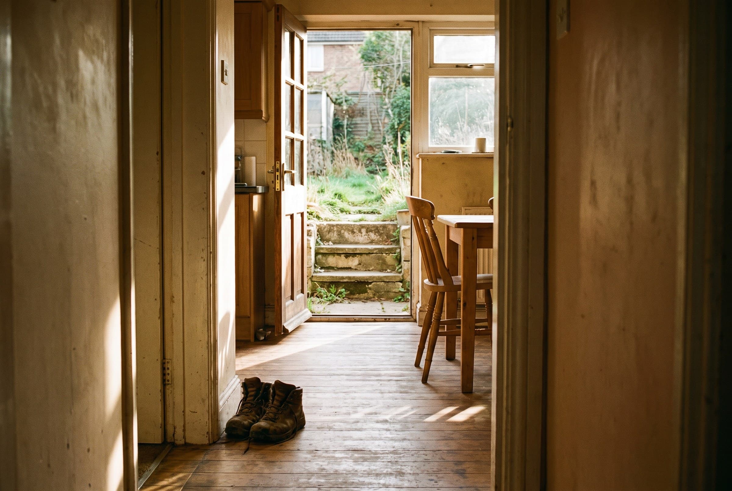 An empty kitchen seen down a hallway, a pushed-in chair at a small table and worn walking boots by an open back door that lets long light and the view of concrete steps into the room