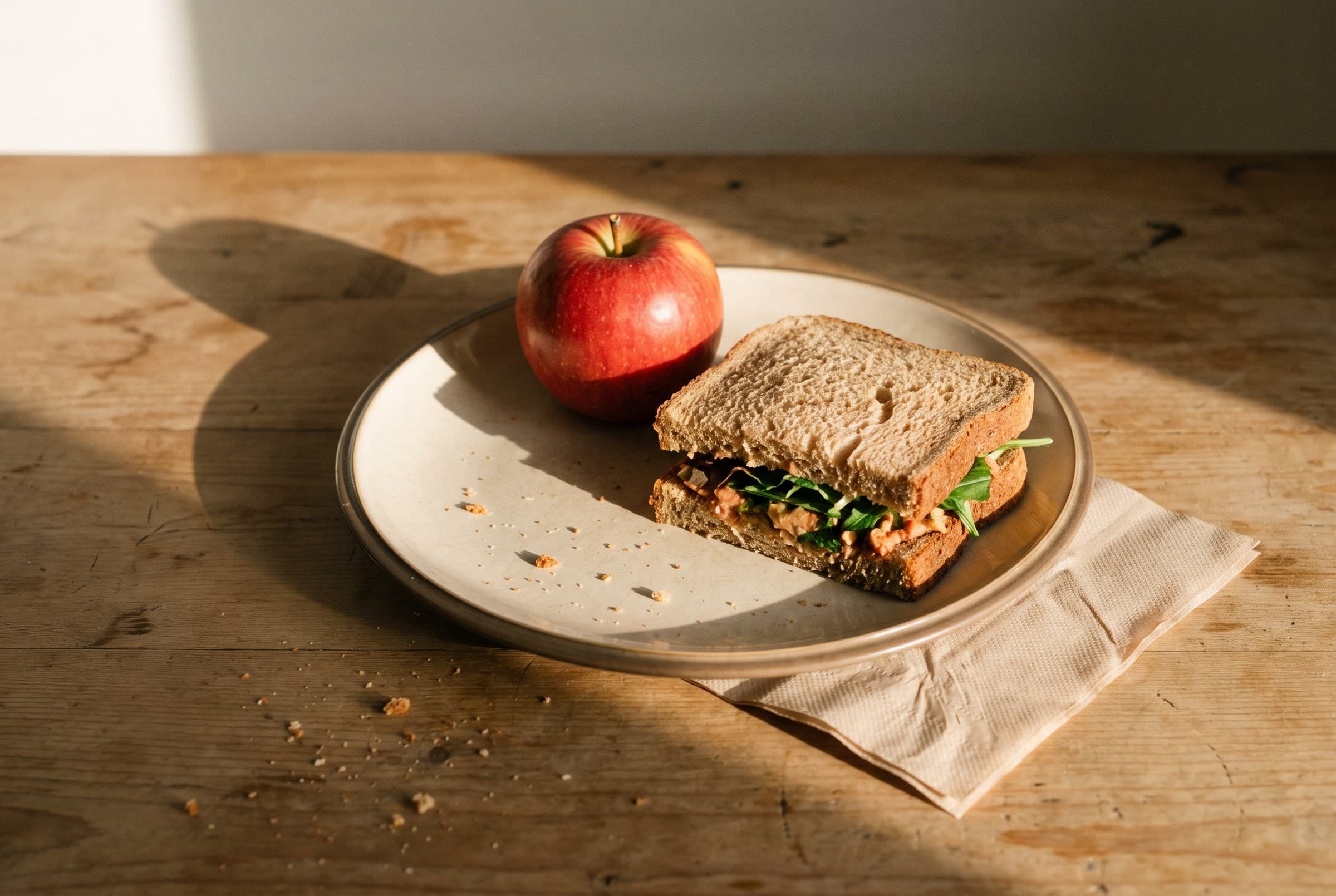 A cut sandwich and a whole red apple on a chipped ceramic plate on a bare wooden table, a creased paper napkin under one edge and crumbs scattered in raking side light