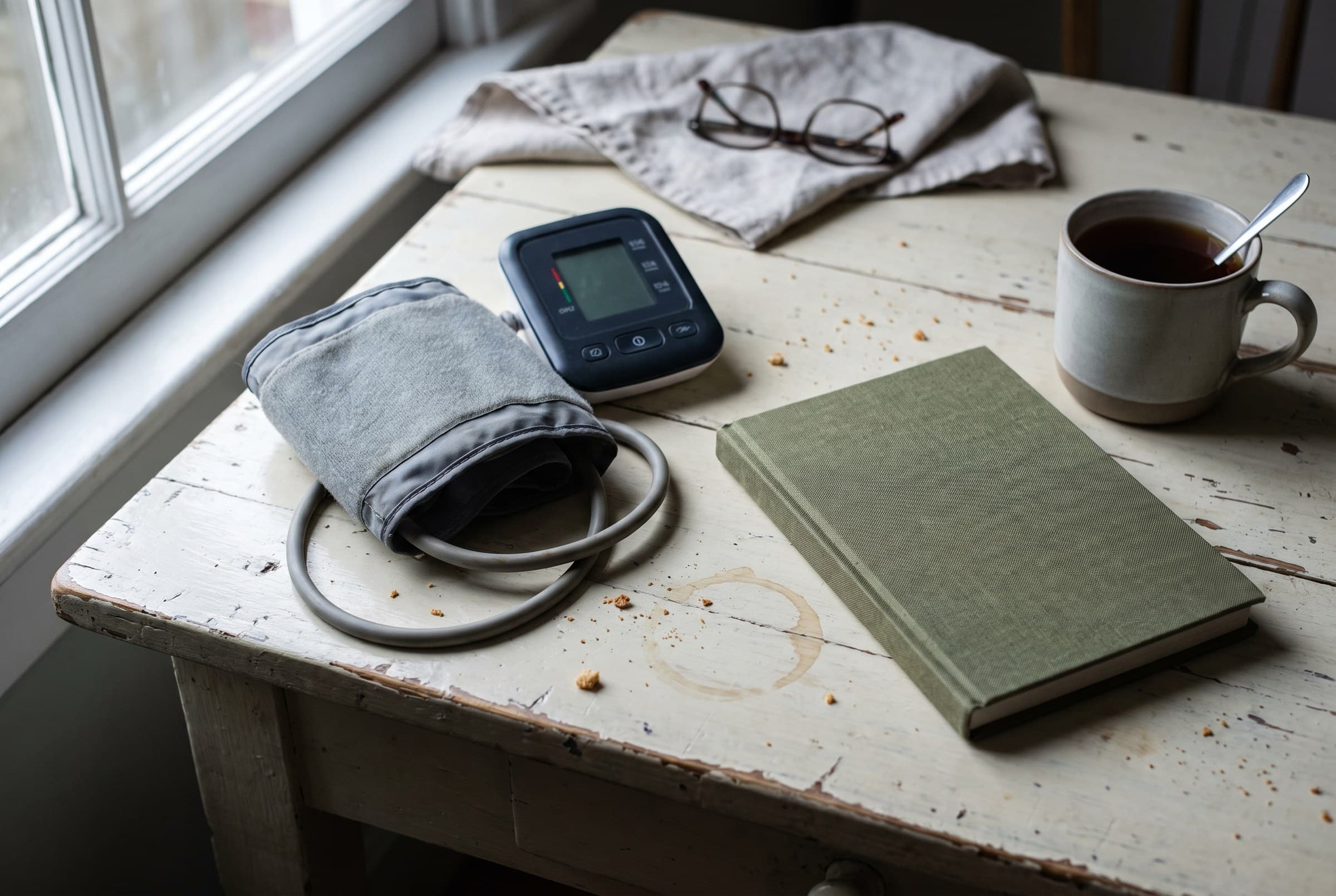 A home blood-pressure cuff with a dark, switched-off display coiled on a chipped cream kitchen table beside a green cloth notebook, a mug of tea, reading glasses and scattered crumbs