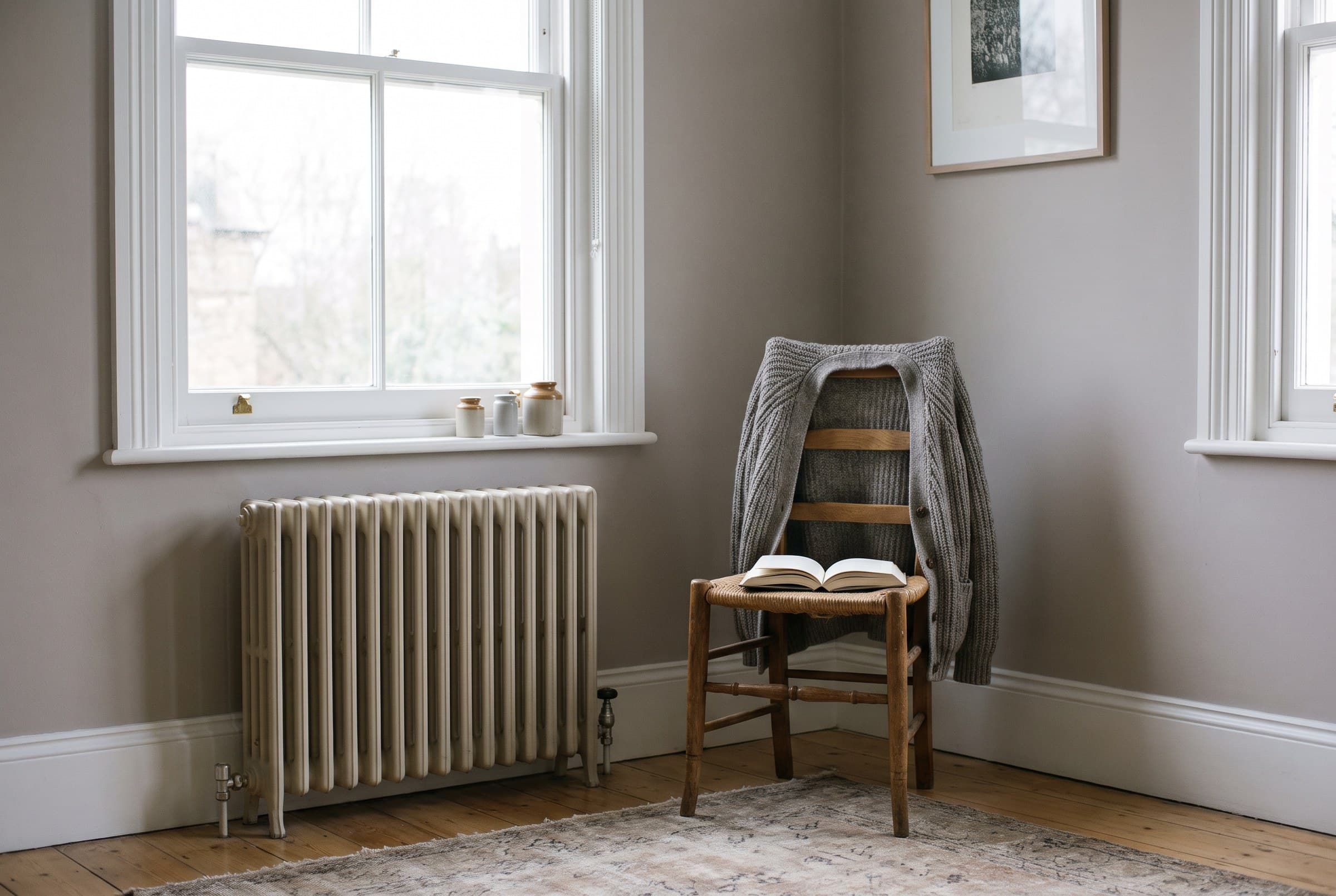 A wooden chair with a knitted cardigan over its back and an open book on the seat, beside a sash window and a column radiator in a quiet grey-morning room