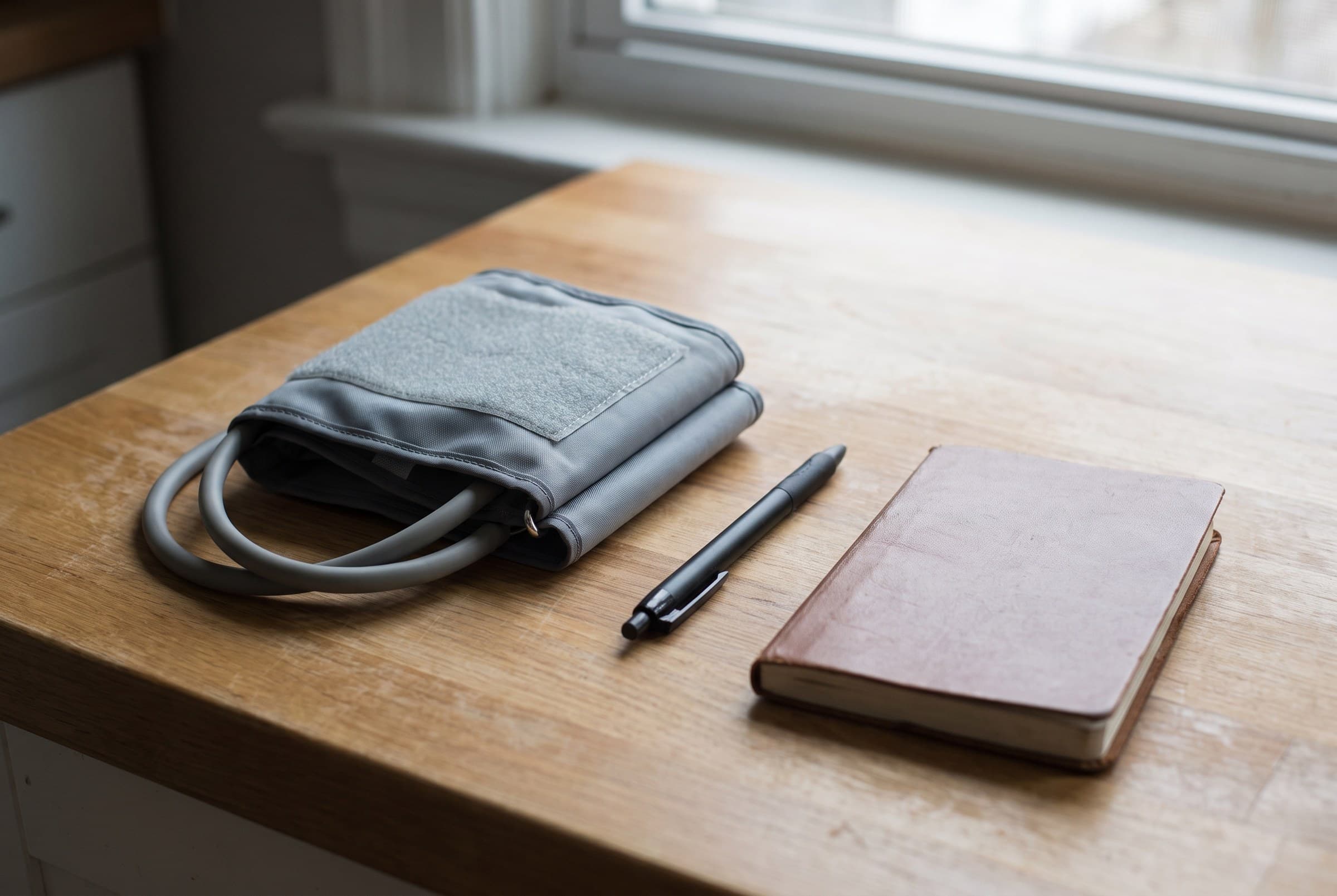 A grey home blood-pressure cuff folded on a clean wooden counter beside a ballpoint pen and a small closed notebook in cool grey morning light