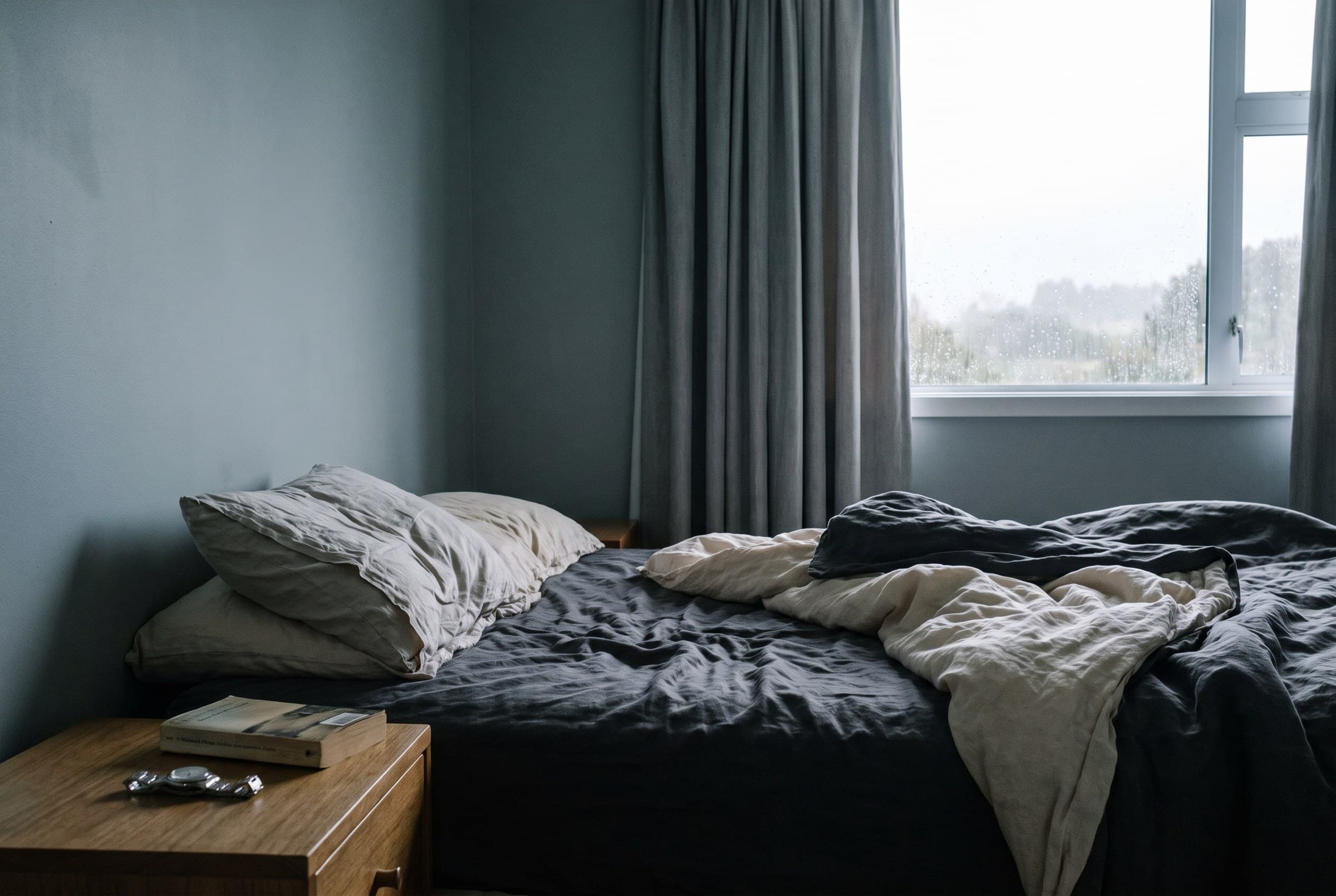 An unmade bed with dark grey linen thrown back and two dented pillows, a book and folded glasses on the bedside table, curtains half drawn on a misted window