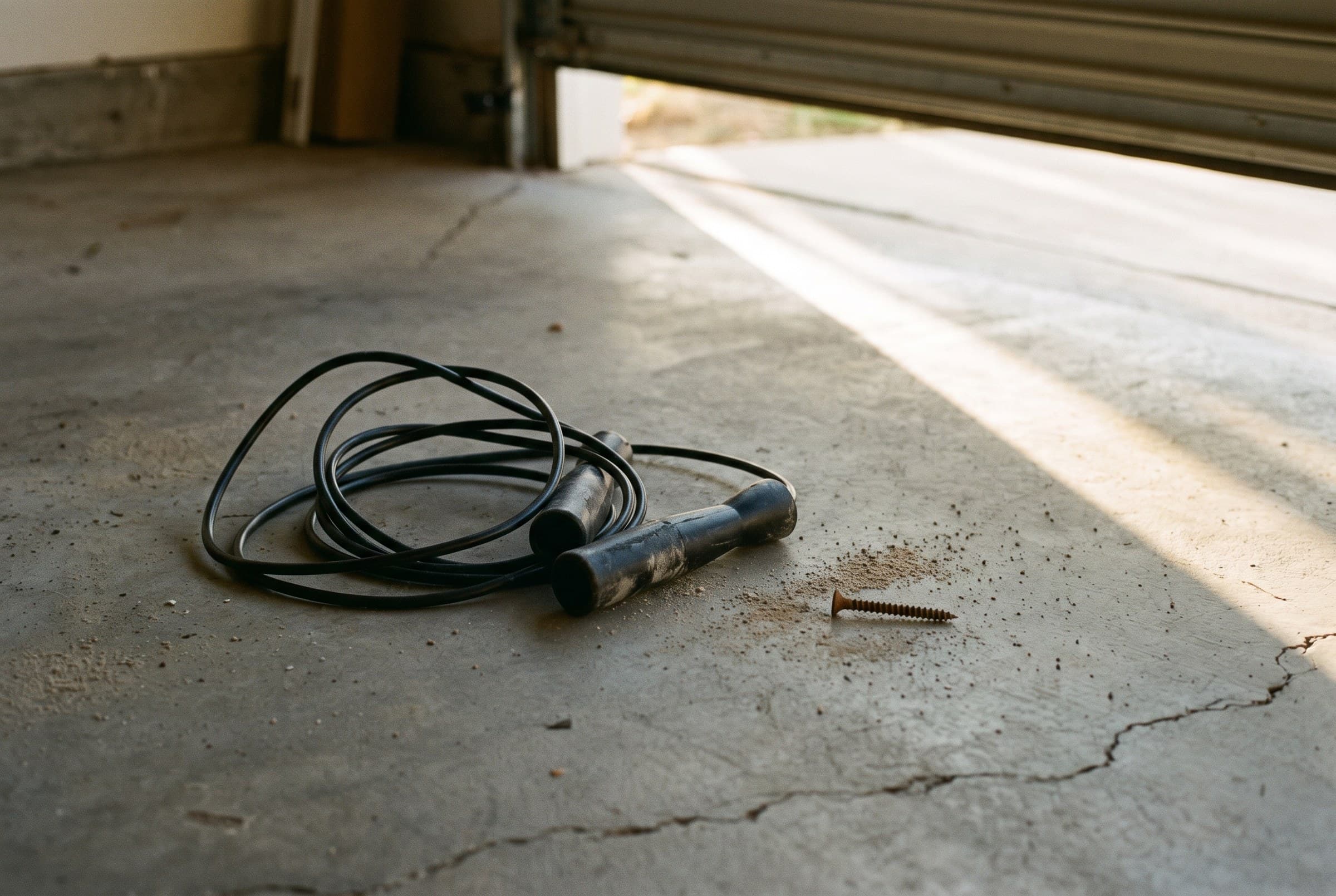 A black speed rope loosely coiled on a cracked concrete garage floor with a stray screw beside it, a bar of morning sun falling in from the open roller door
