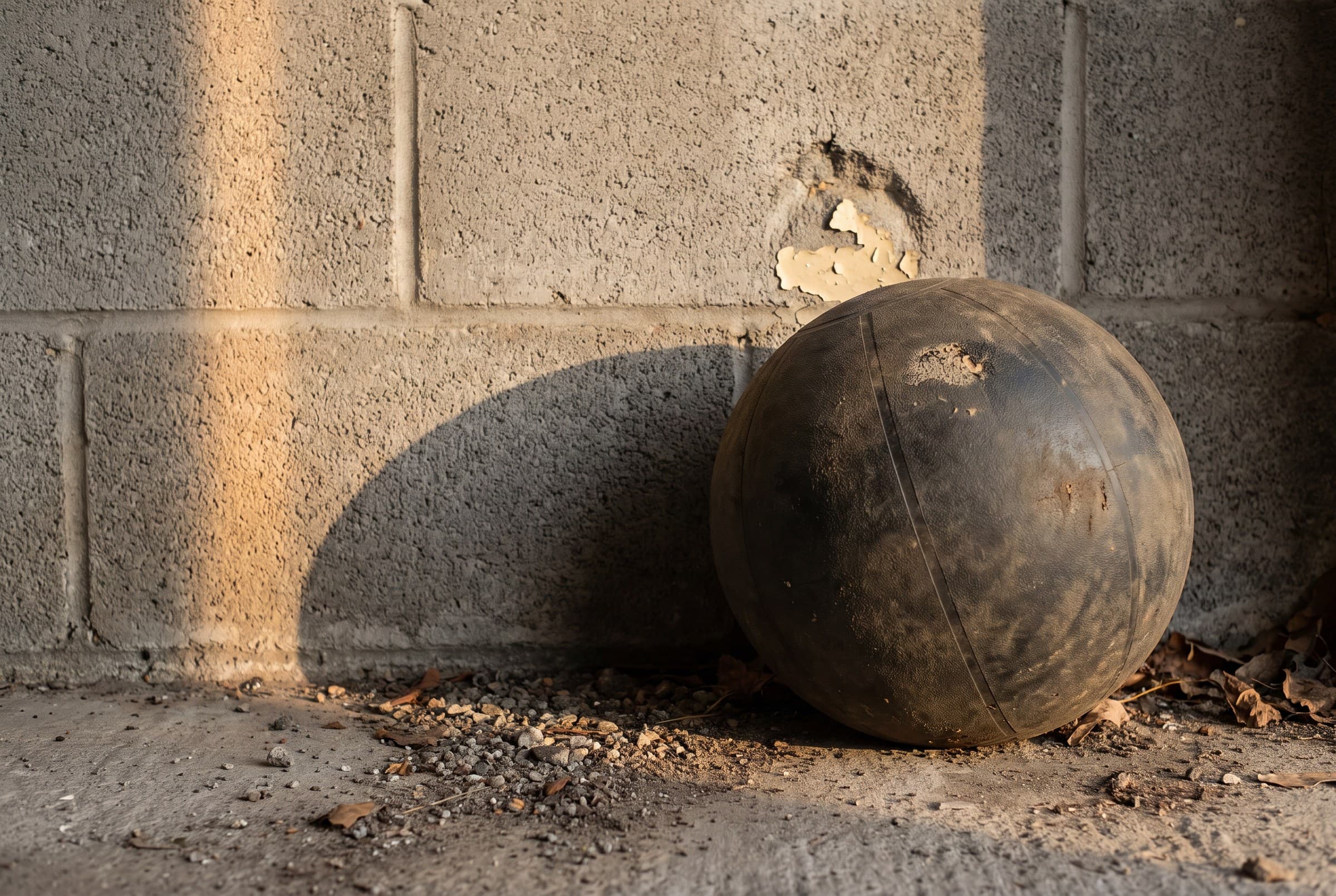 A scuffed rubber medicine ball resting against a breeze-block wall with chipped paint above it, dry leaves and grit gathered at its base in warm low sun