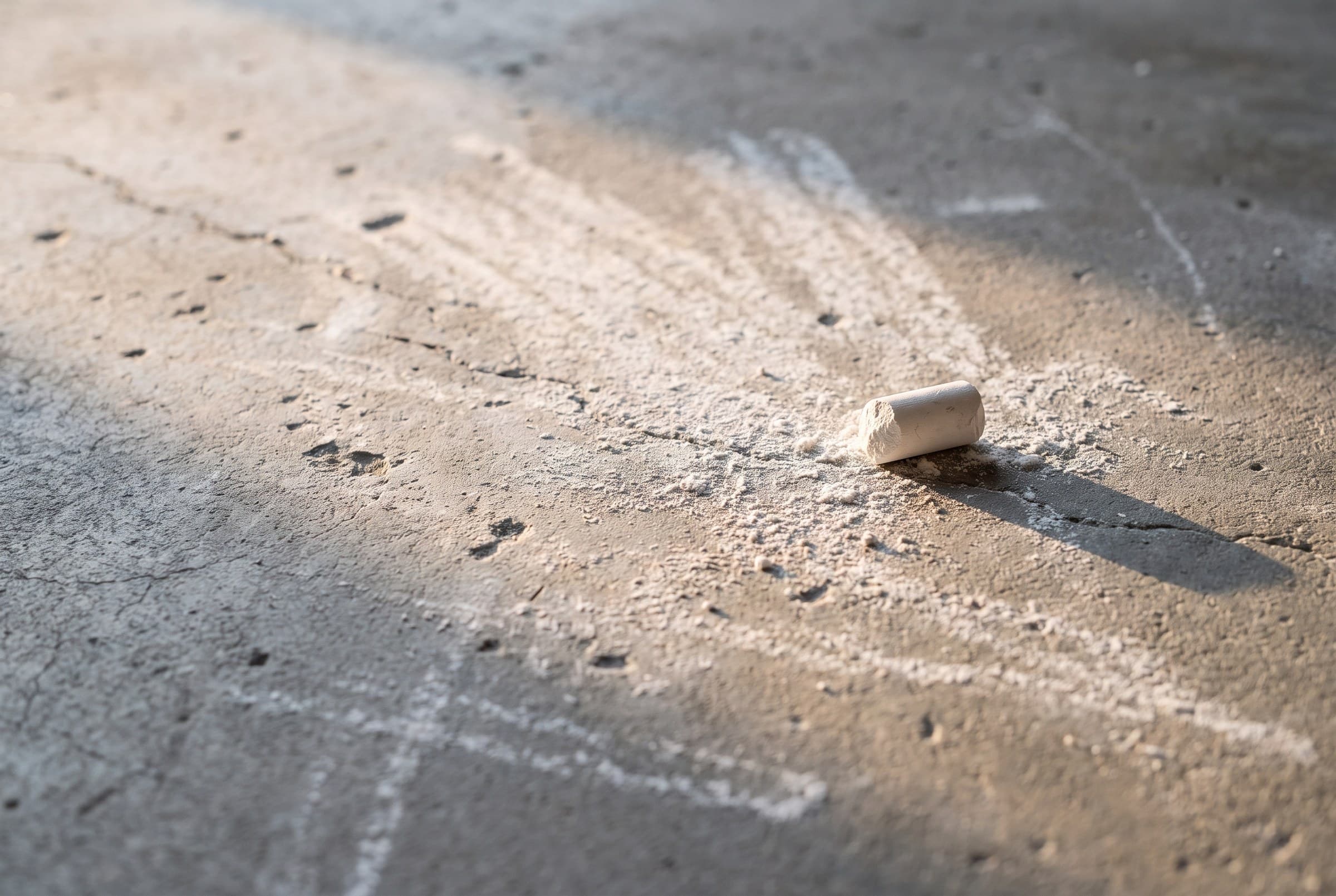 White chalk scuffs and loose powder ground into pitted grey concrete around a broken chalk nub, raked by warm low morning light