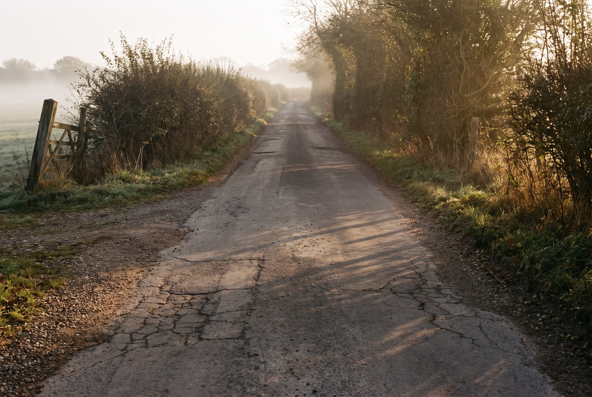 An empty cracked and patched tarmac lane running away between hedgerows, a leaning wooden gate on the left and low mist over the field, long shadows across the road
