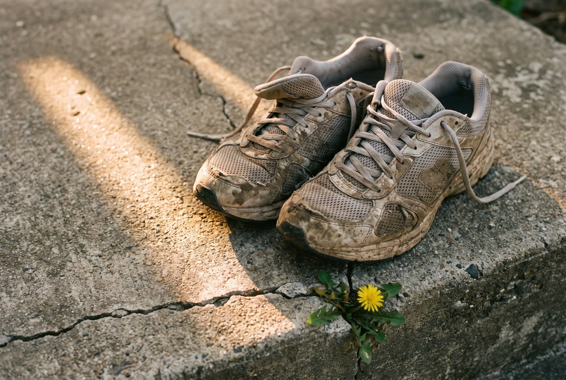 A pair of mud-caked running trainers with loose laces on a cracked concrete back step, a dandelion growing from the crack and a warm stripe of sun across the slab