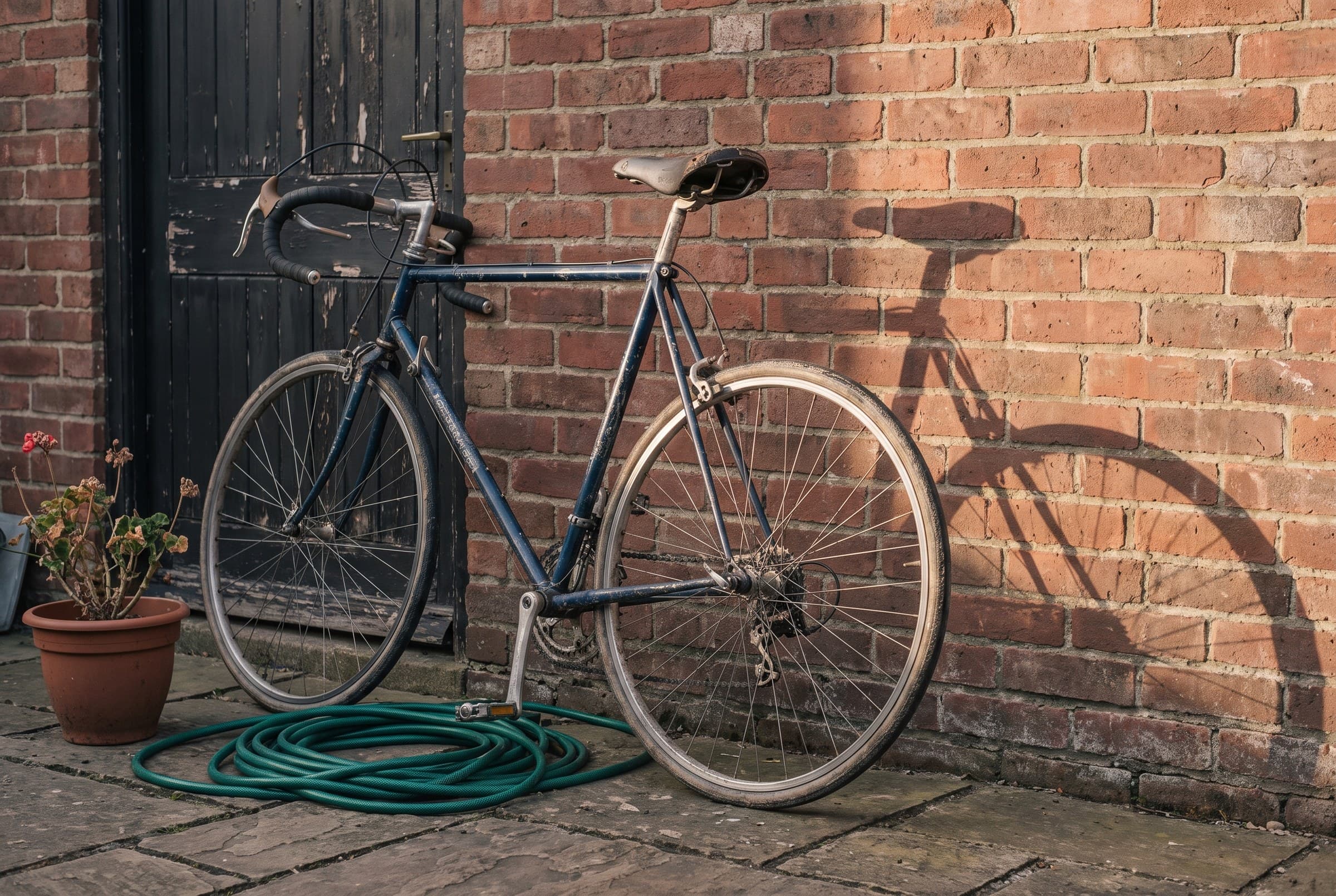 An old blue road bicycle with chipped paint leaned against a red brick wall beside a dark side door, a coiled green hose and a terracotta pot on the paving, its shadow thrown across the brick