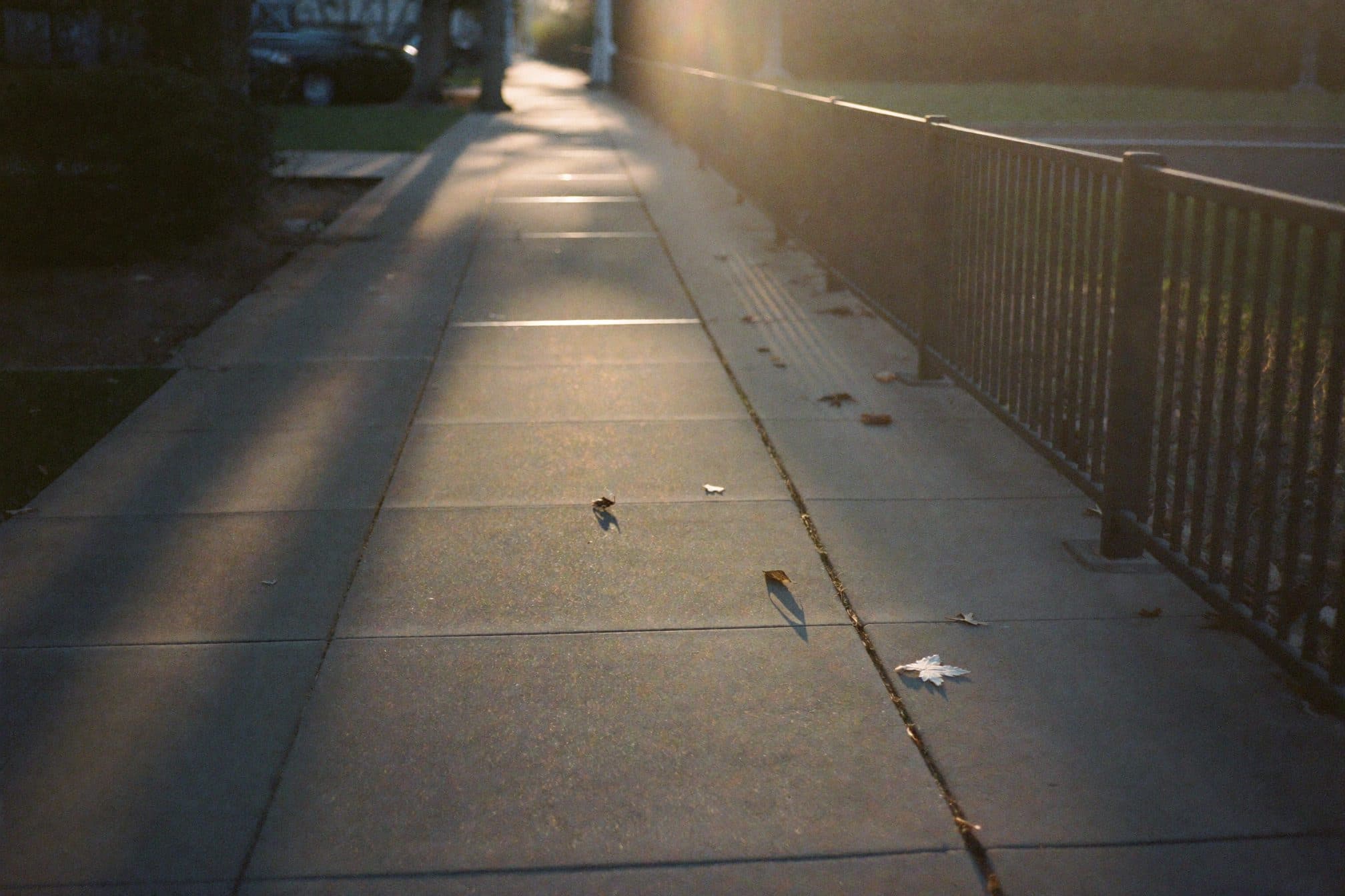 A long empty sidewalk at dawn, park railing casting rhythmic shadows across the pavement