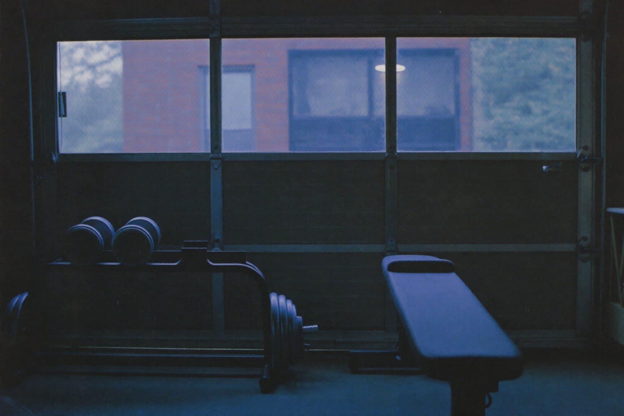 A home garage gym at dusk, dumbbells racked in shadow under cool blue window light