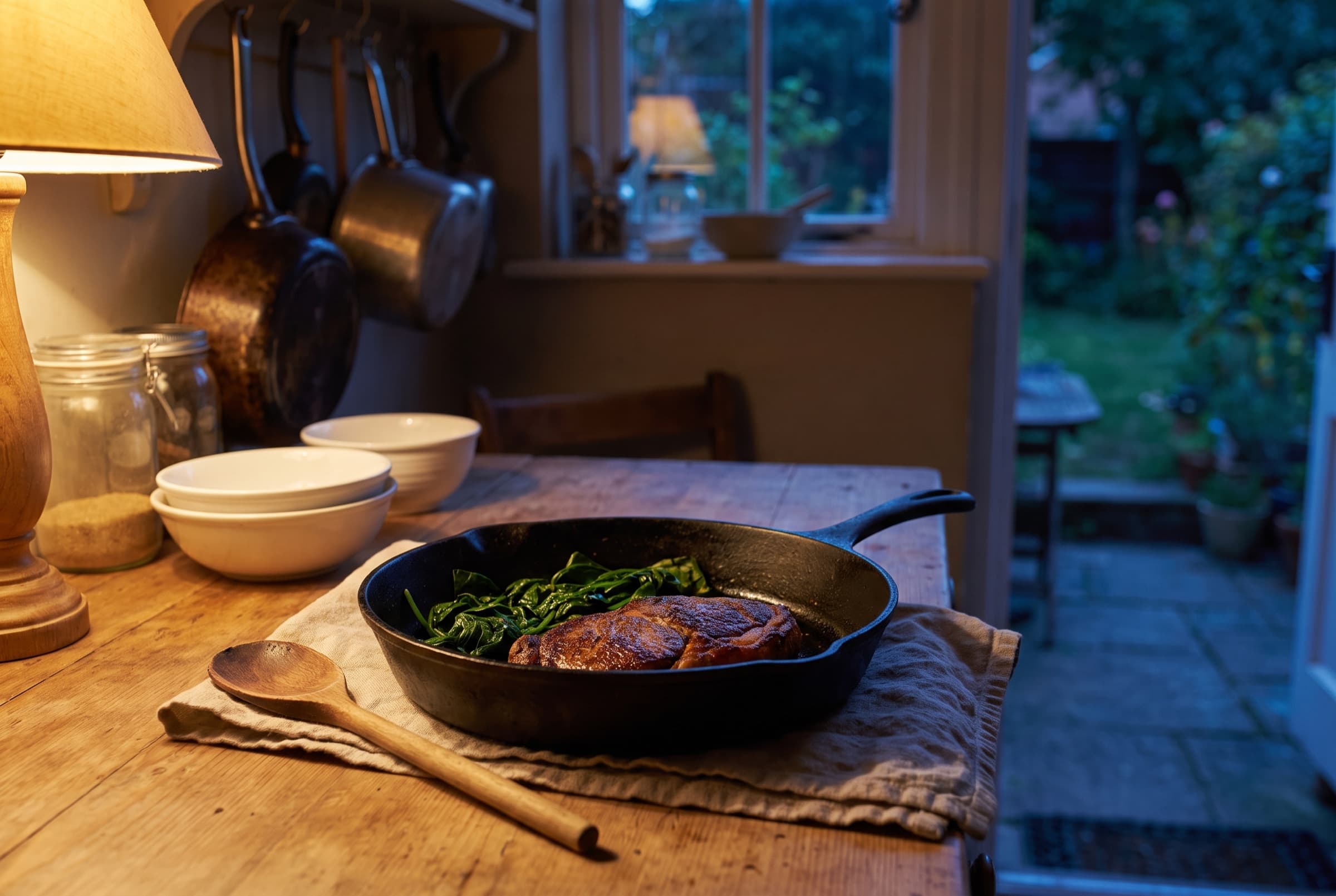 A cast-iron skillet with seared steak and wilted spinach on a wooden kitchen table at dusk, warm lamplight against a blue garden window