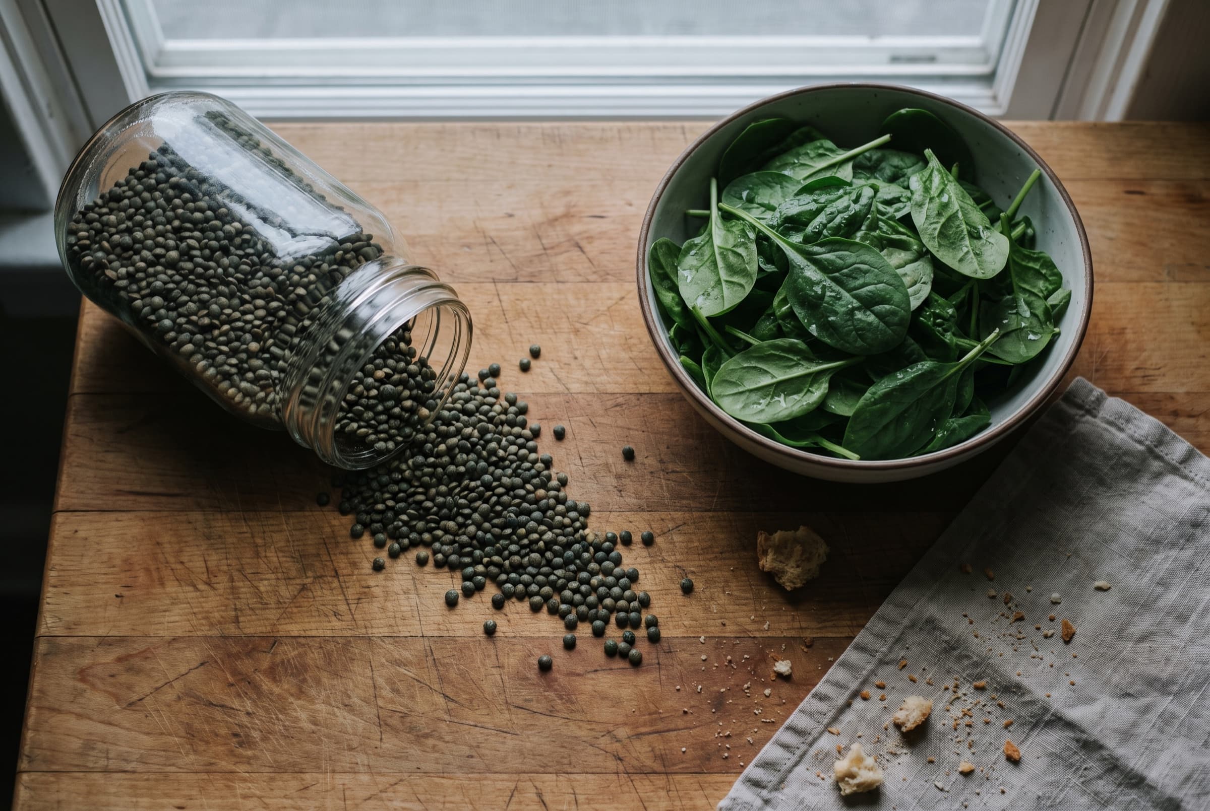 A tipped glass jar spilling dark lentils beside a bowl of fresh spinach on a wooden counter, overhead morning light