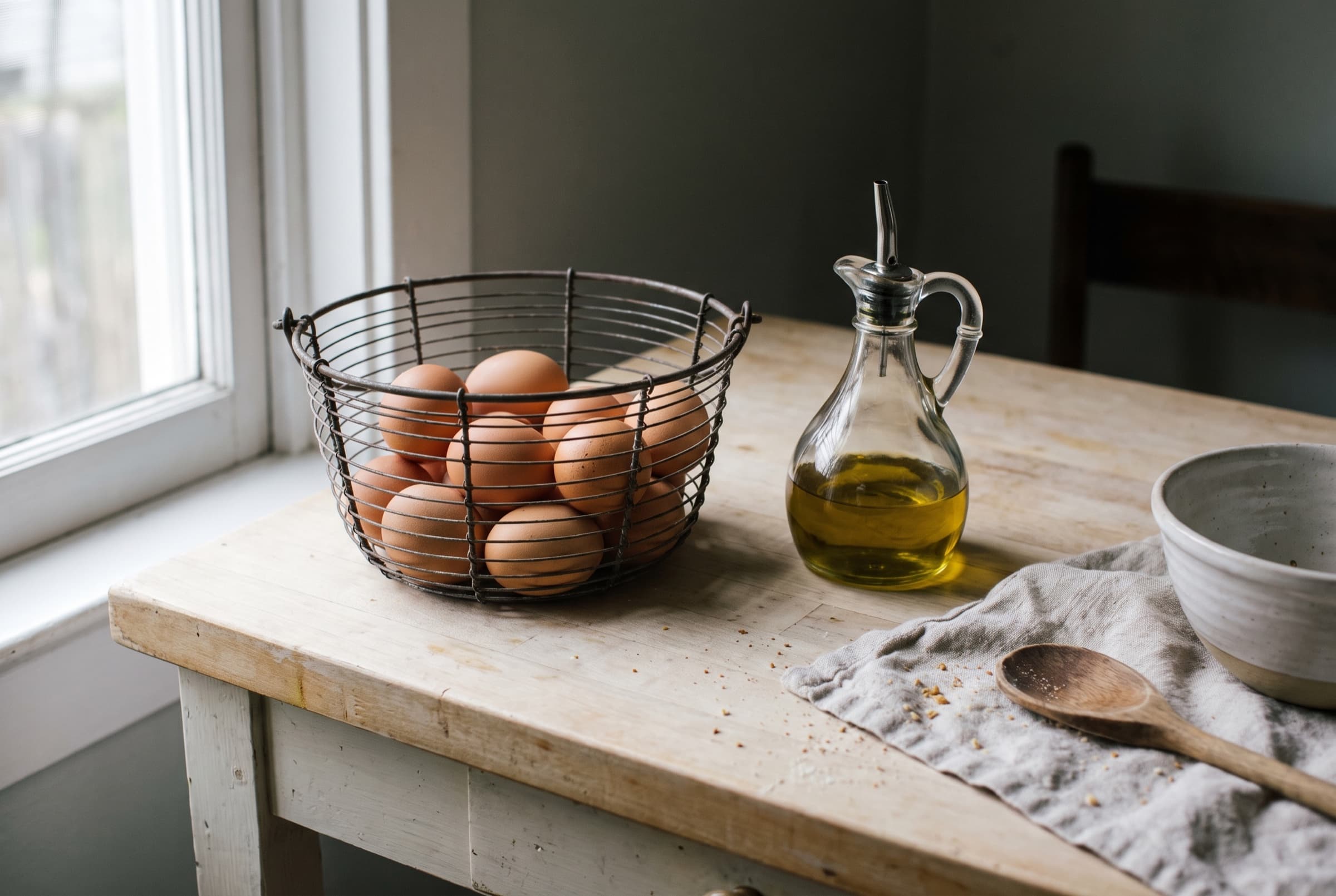A dozen brown eggs in a wire basket beside a glass olive-oil cruet on a pale kitchen table in soft grey morning light