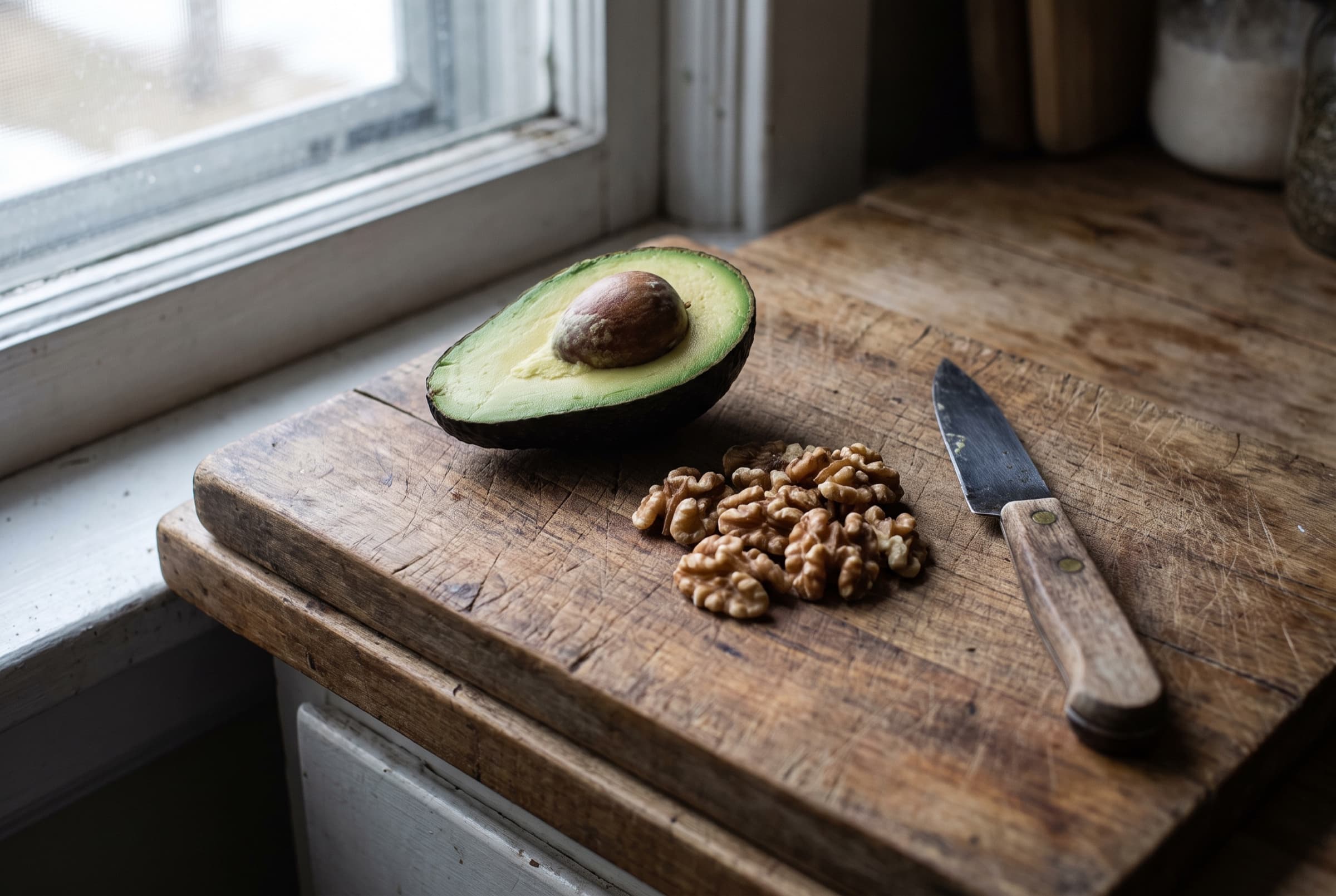 A halved avocado and a pile of walnuts on a deeply worn cutting board by a bright window