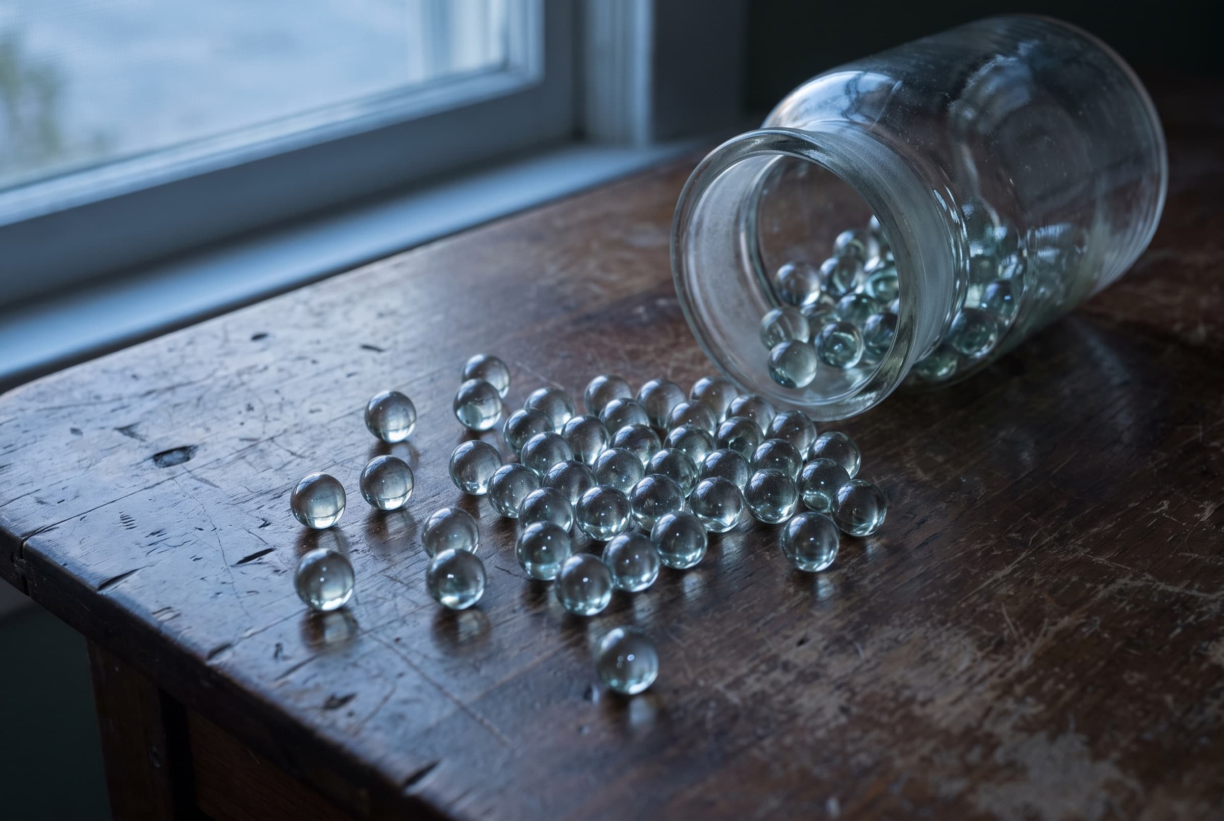 Dozens of identical glass marbles spilling from a tipped jar across a dark wooden table in cool blue-hour light