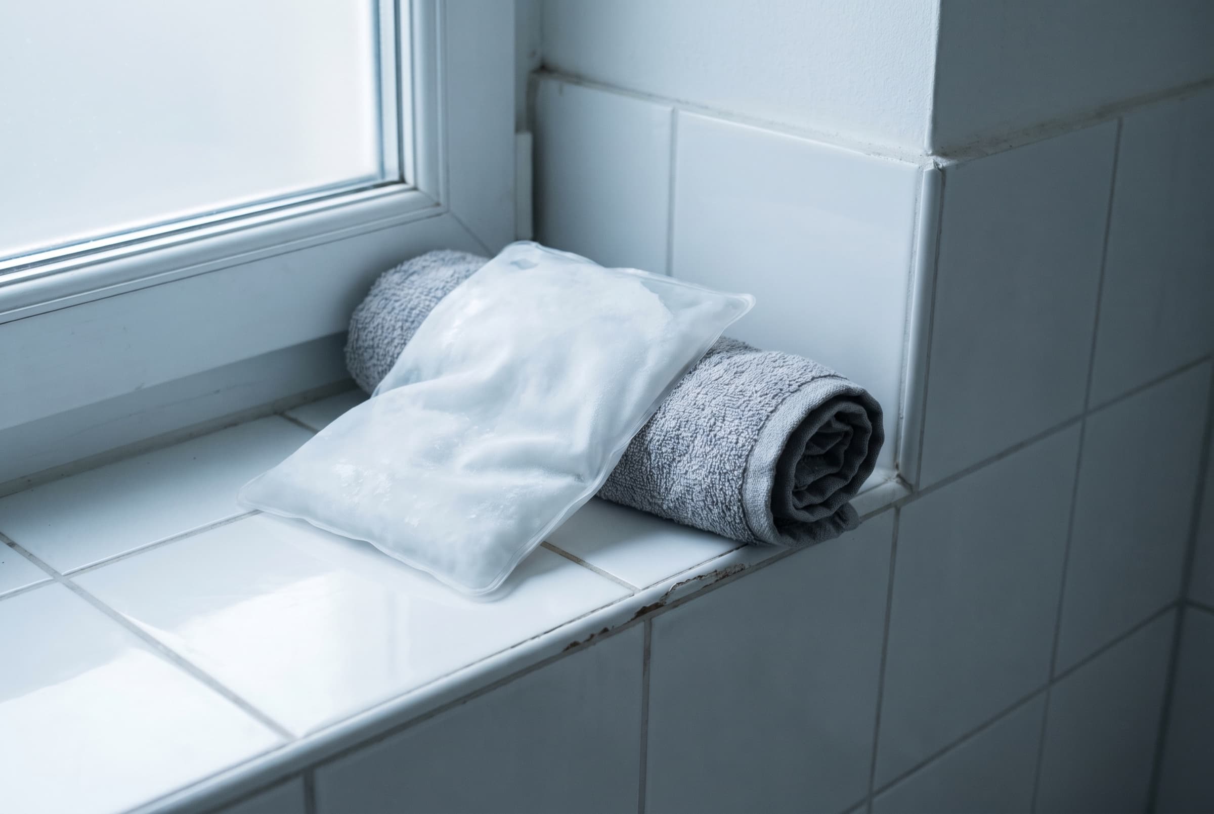 A gel ice pack resting on a rolled grey towel on white bathroom tile in cool window light