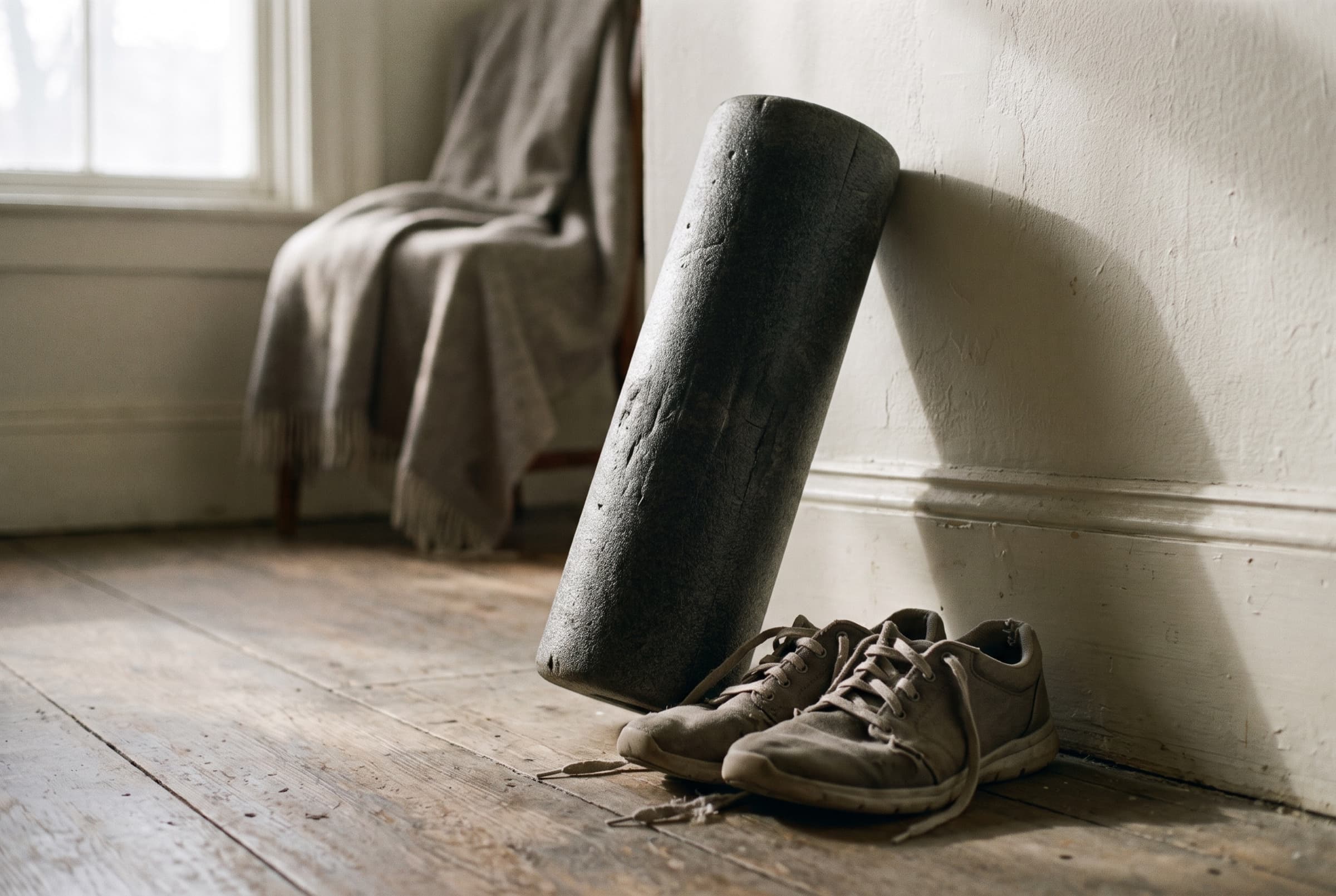 A dark foam roller leaning against a pale wall beside worn training shoes on a wood floor in grey morning light