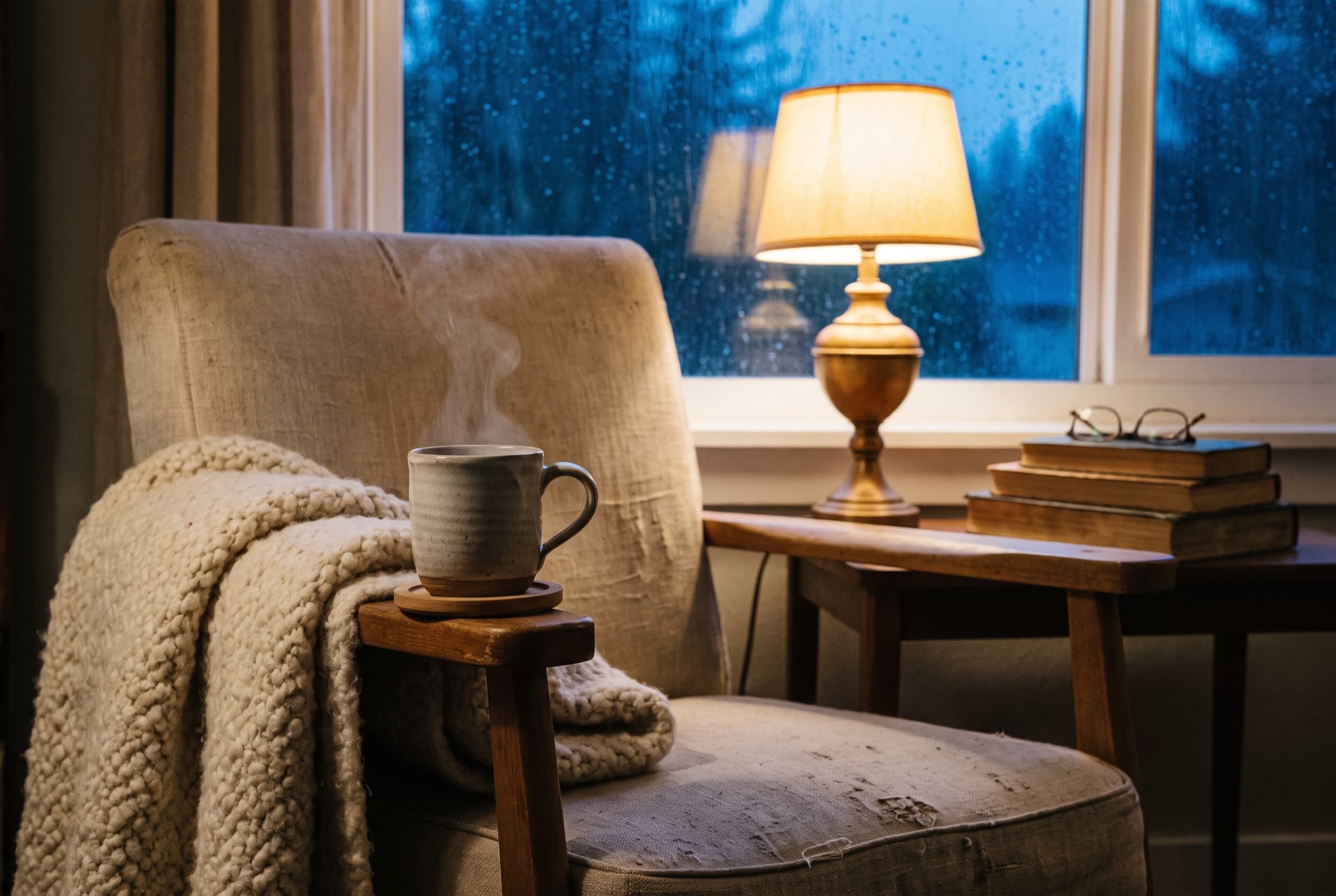 A steaming mug on the arm of a worn armchair with a folded blanket, a warm lamp glowing against a rain-flecked blue evening window