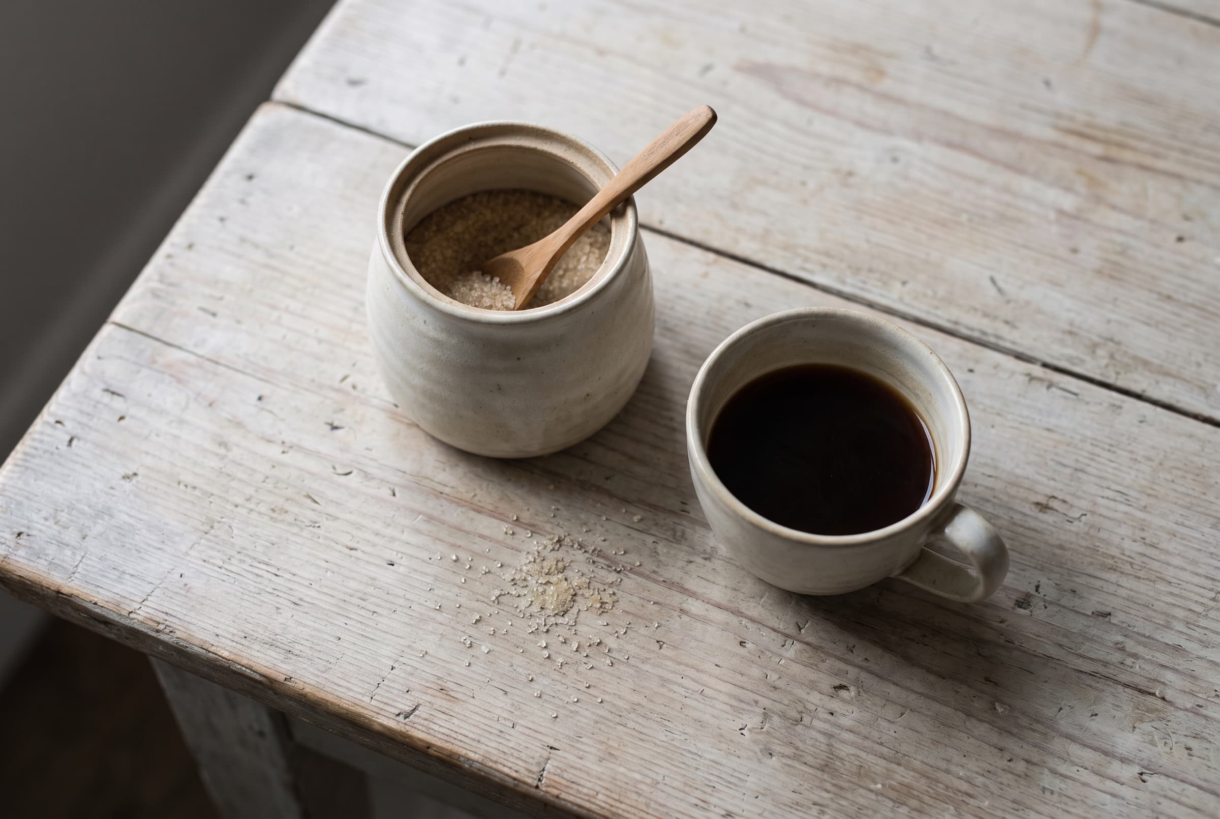 A ceramic sugar bowl with a wooden spoon beside a cup of black coffee on a pale scrubbed table, seen from above in grey morning light