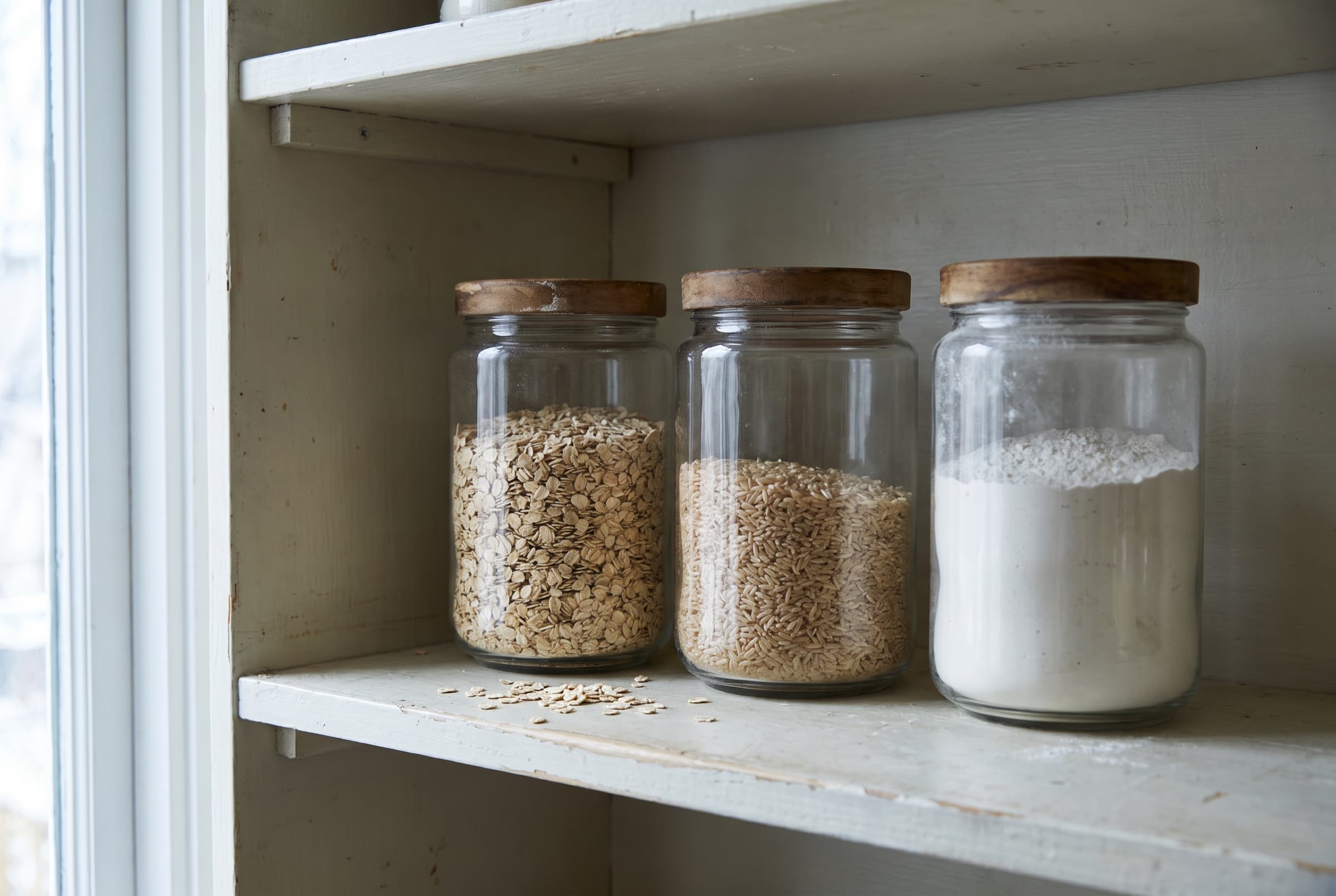 Three plain glass jars of oats, rice, and flour with wooden lids on a worn pantry shelf, a few oats spilled